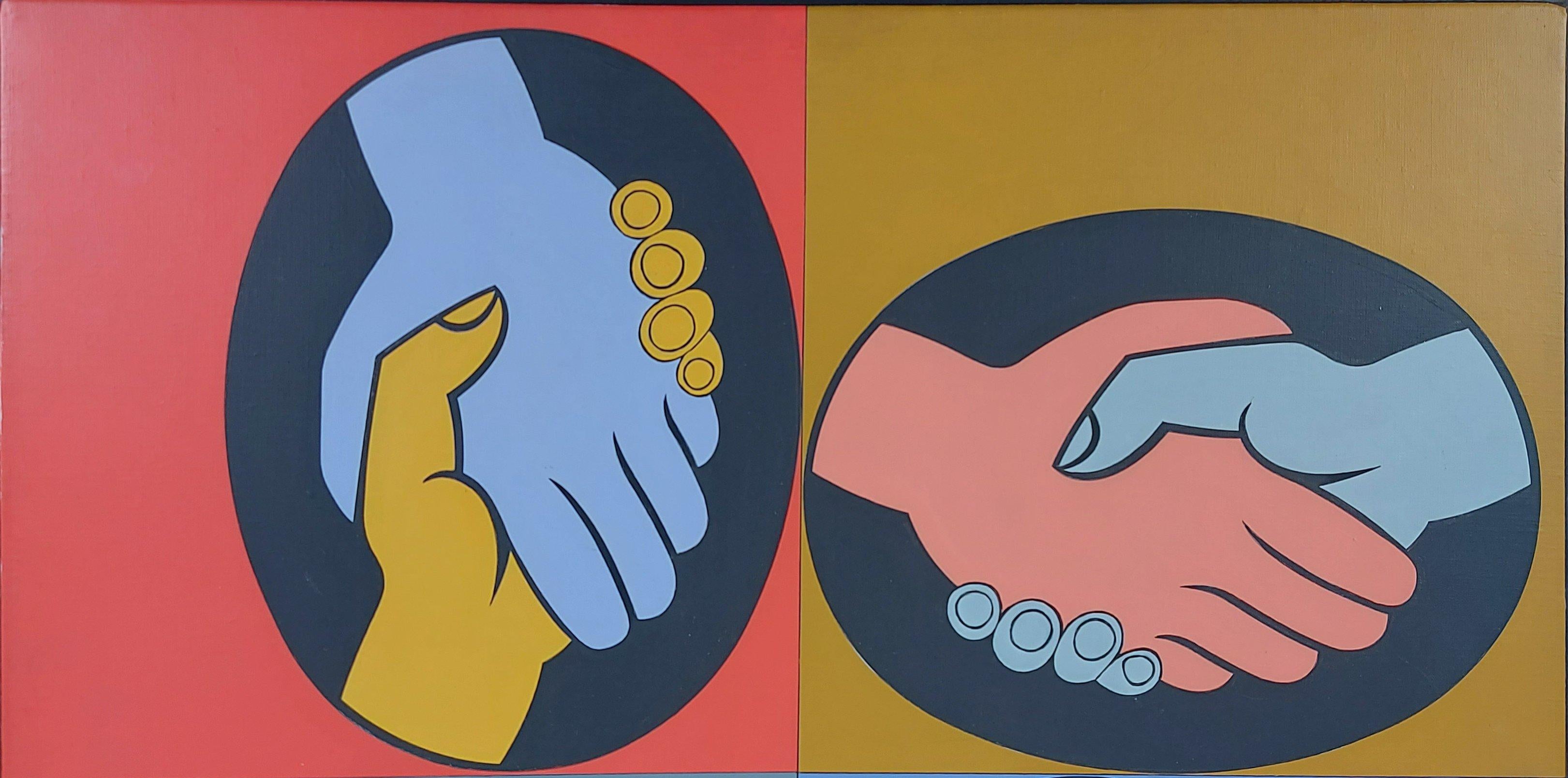 World Friendship - Peinture d'art acrylique originale OP, signée à la main - 1987 - Marron Abstract Painting par Victor Vasarely