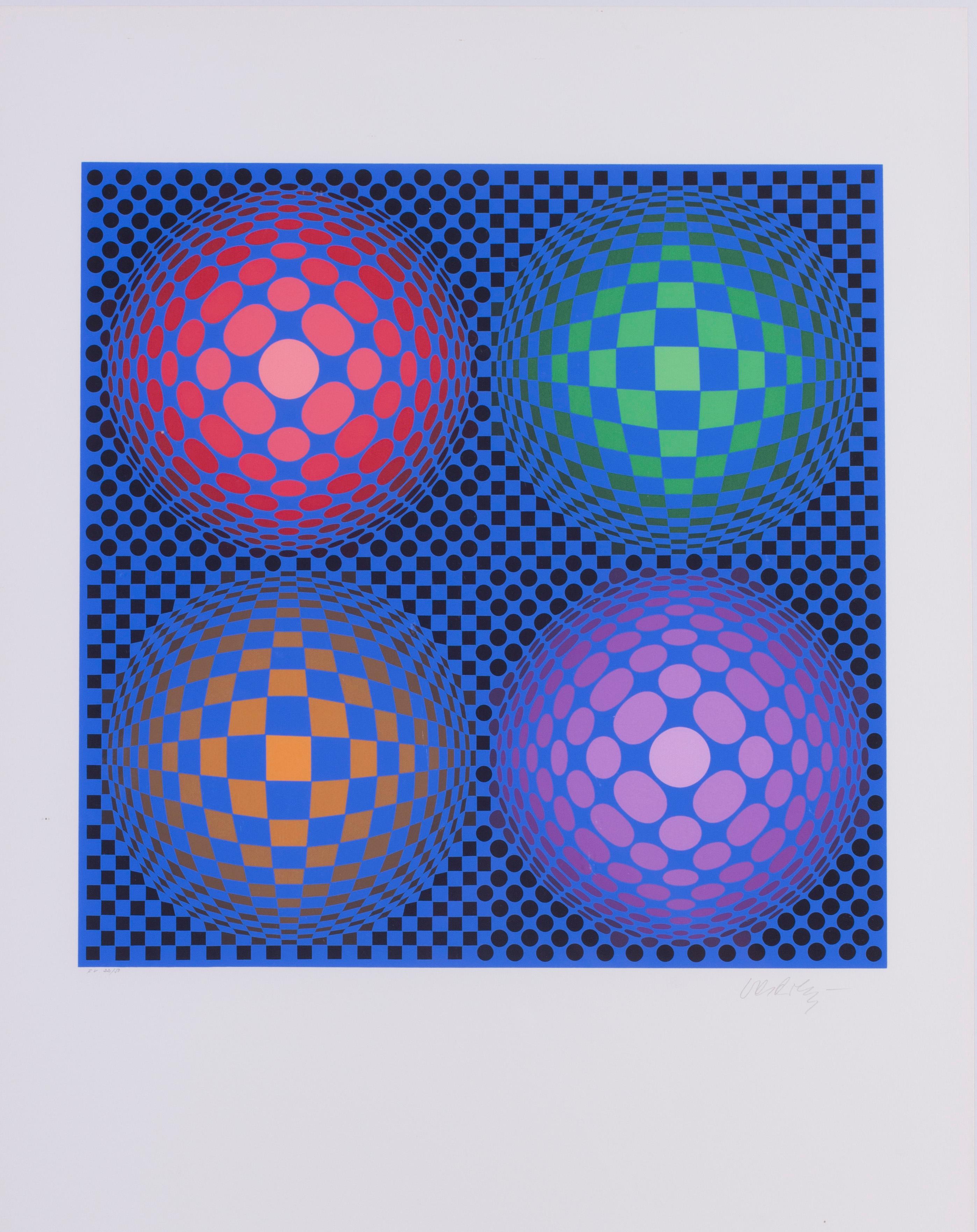 4 spheres - Blue Abstract Print by Victor Vasarely