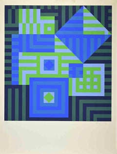 Abstrakte Komposition – Raumteilerdruck von V. Vasarely – 1980er Jahre