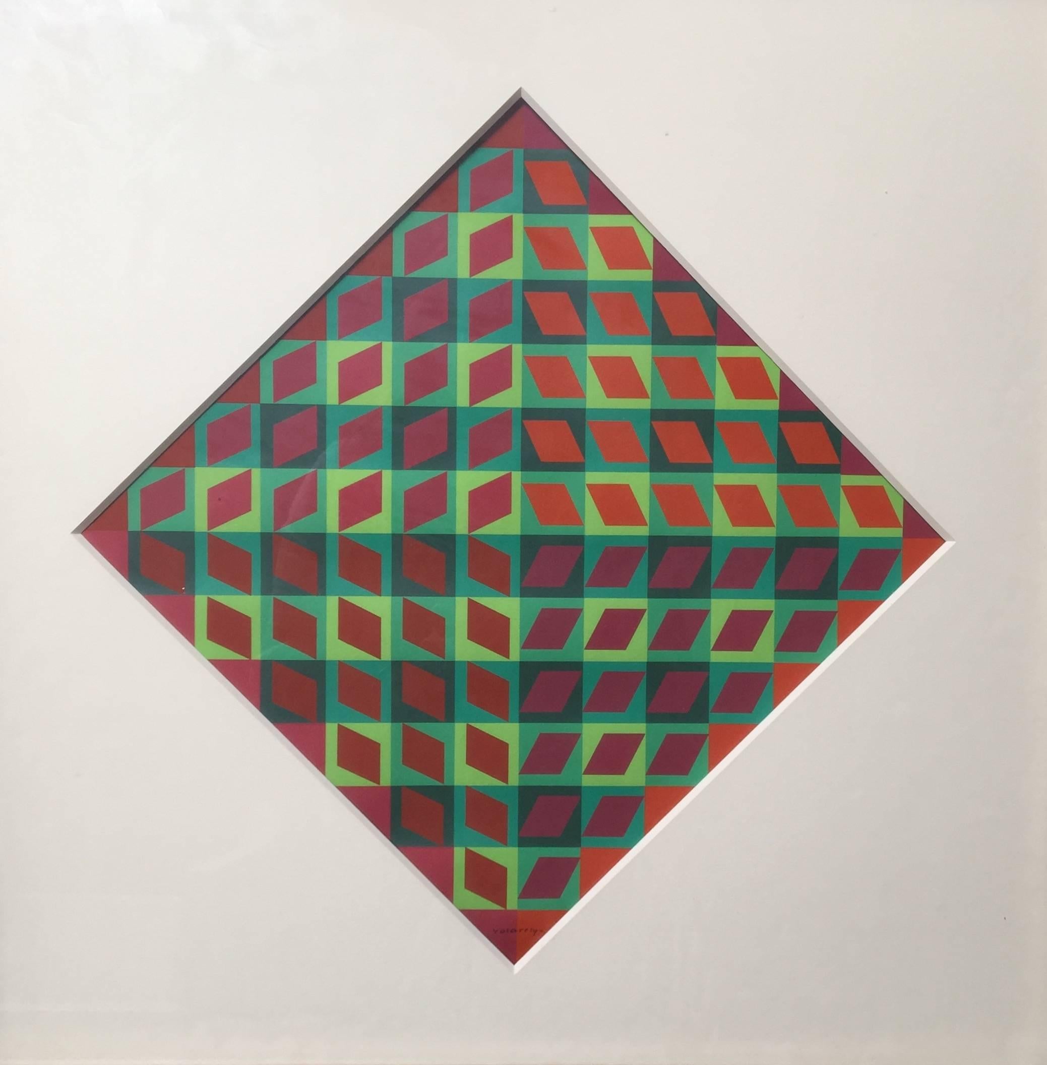 Screen print square, inscribed 'Vasarely' at bottom, hung diagonally,  sides of the square 23 1/2 x 23 1/2 (59.5 x 59.5); as hung, 33 x 33 (84 x 84). 

VICTOR VASARELY (1908-1997)
Internationally recognized as one of the most important artists of
