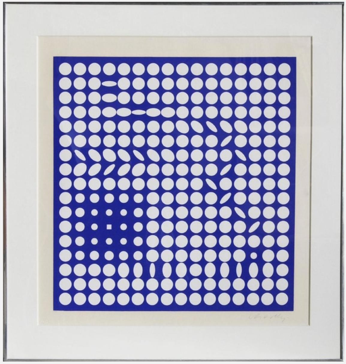 A square silkscreen print on paper in blue and white by famed French Op artist Victor Vasarely. The abstract pattern print, 49 in an edition of 50, gives a sense of movement as white circles seem to rotate into discs and recede into the deep and
