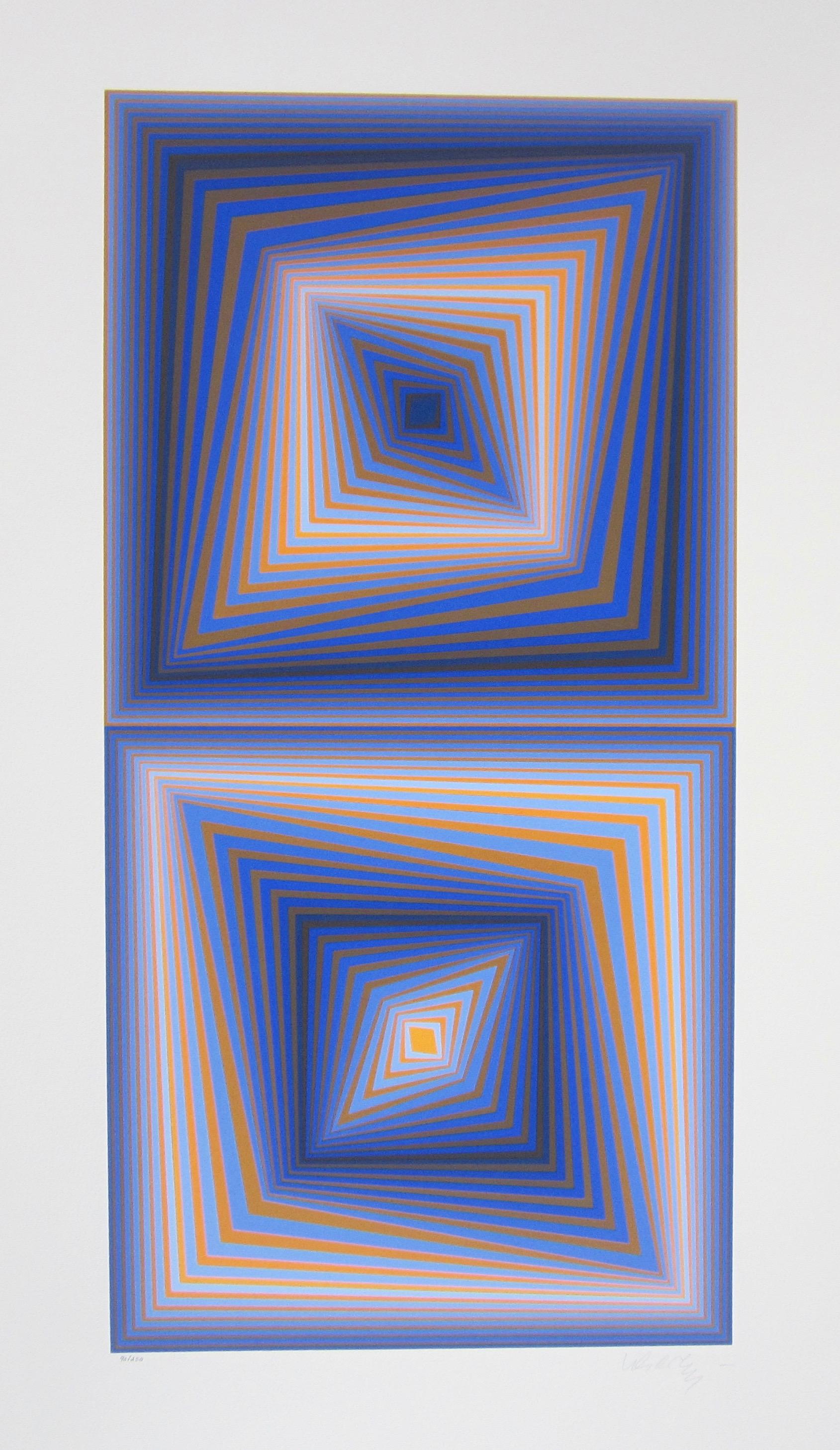 Artist: Victor Vasarely (1908-1997)
Title: BI-RHOMBS
Year: 1977
Medium: Silkscreen on Arches paper
Edition: 250, plus proofs
Size: 43.5 x 26 inches
Condition: Excellent
Inscription: Signed and numbered by the artist.
Notes:  Published by Atelier
