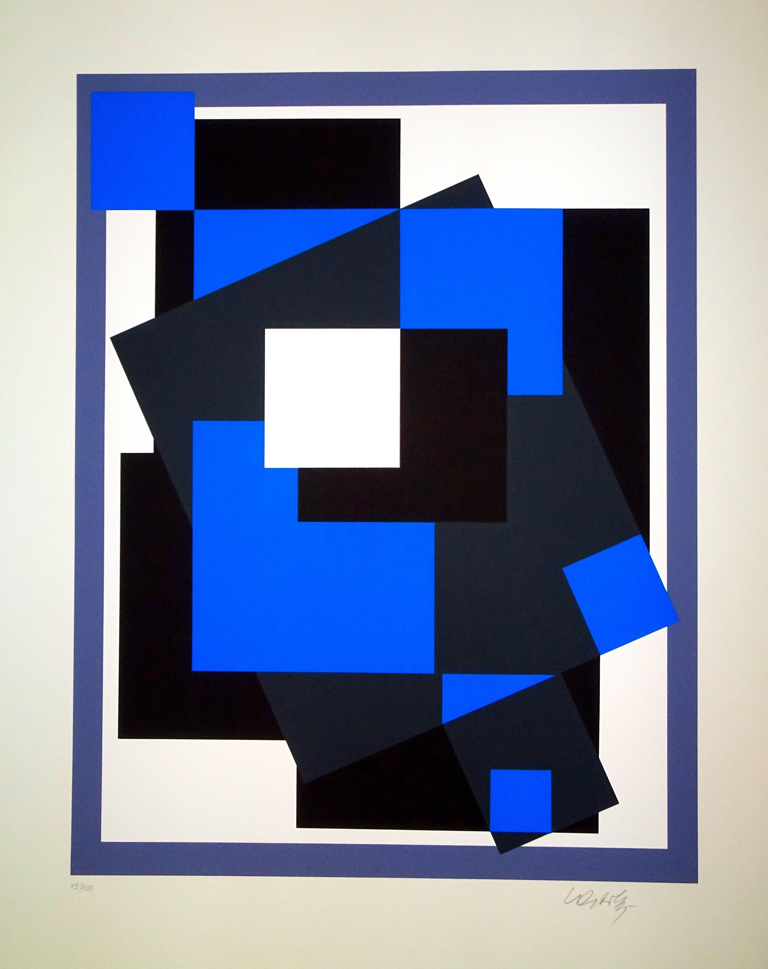 Black And Blue Composition is a wonderful serigraph with a black and blue abstract composition realized by Victor Vasarely.
The plate is from the portfolio Les Années Cinquante edited by Pesti Mühely, Budapest, in 1989. Hand-signed by the artist on