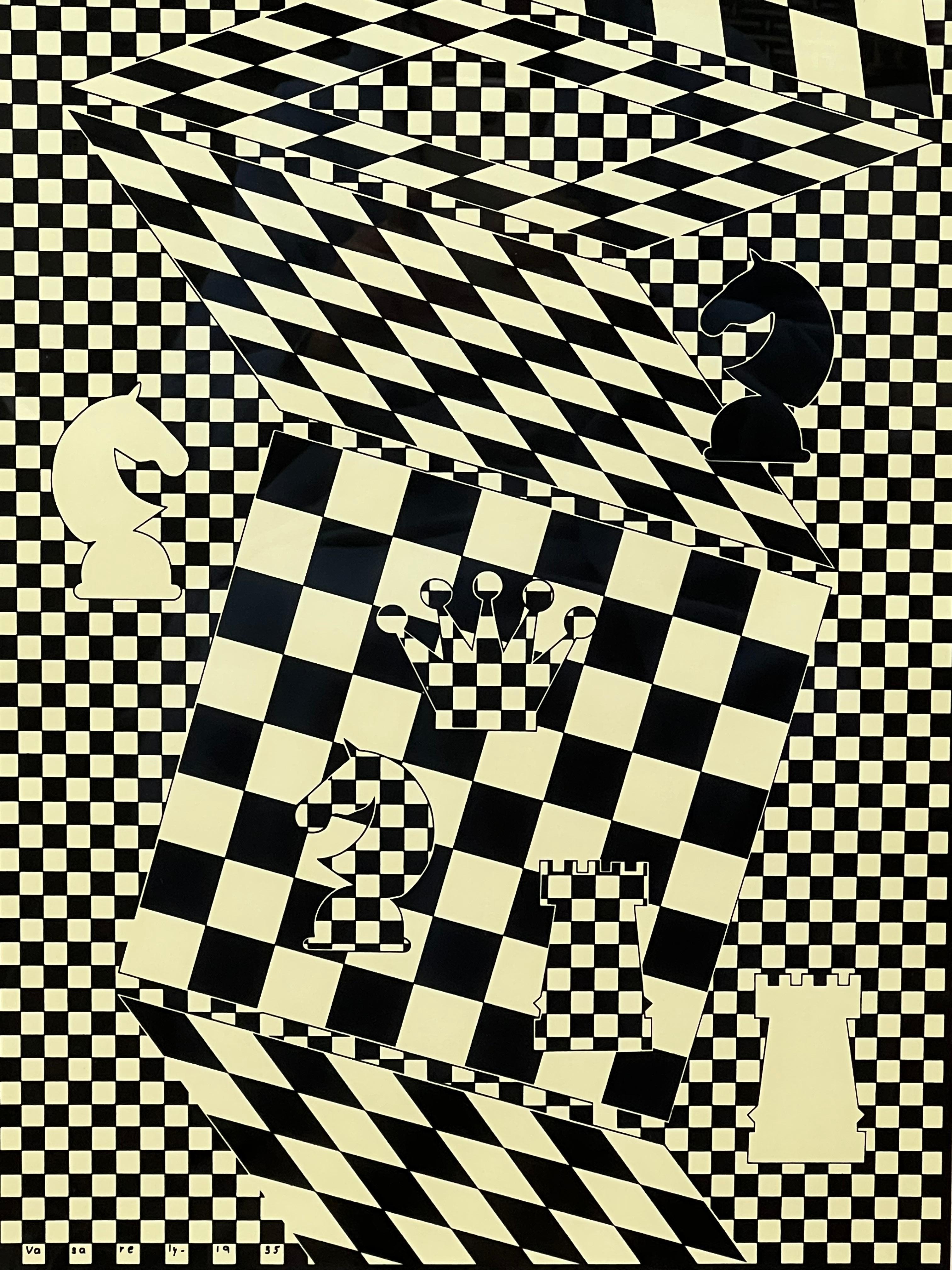 Schwarz-Weiß-Lithographie „L'echiquier“ (Das Schachbrett) von Victor Vasarely  im Angebot 1
