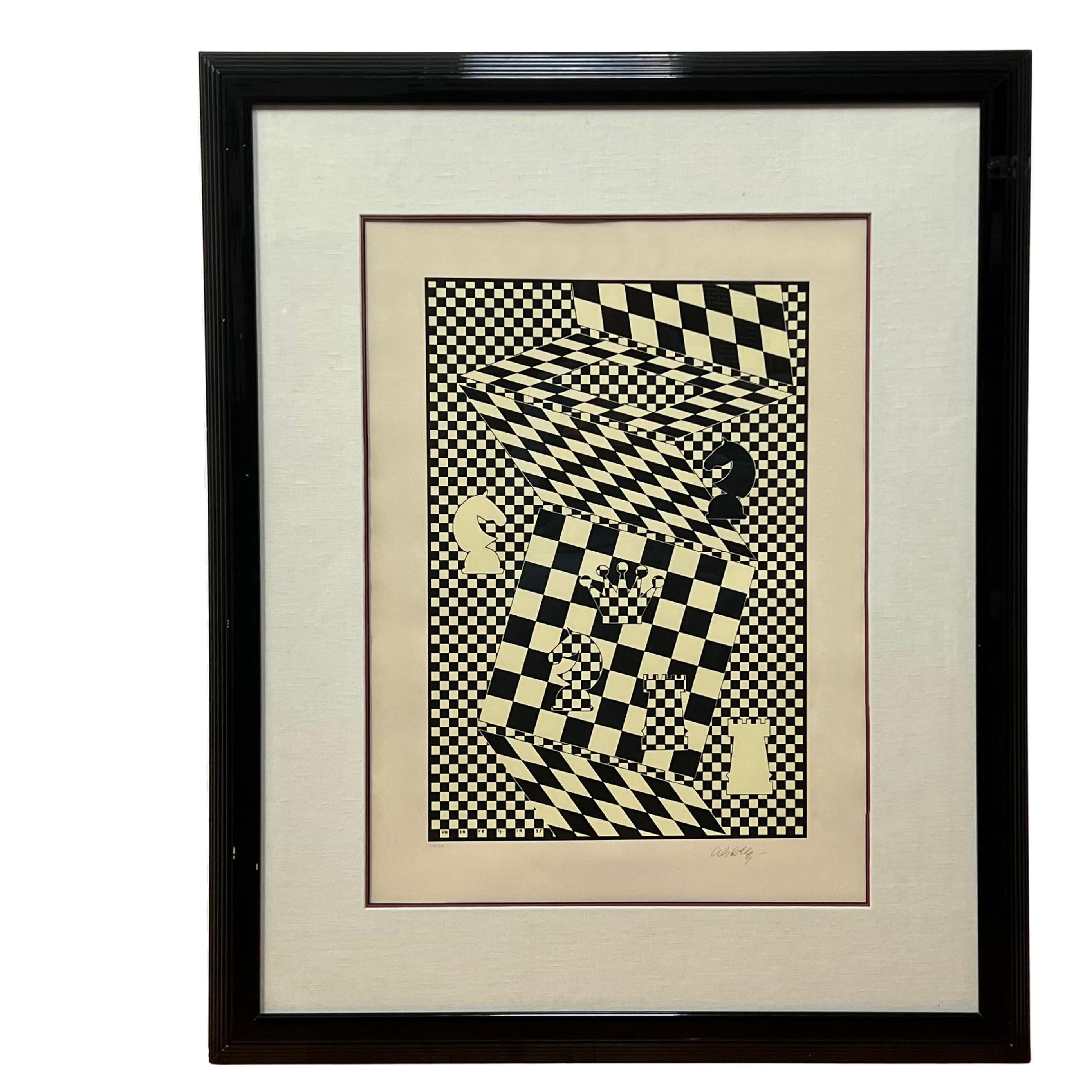 Victor Vasarely, the Hungarian-French artist and pioneer of the Op Art movement, is renowned for integrating geometric abstraction and optical illusions in his artwork. The Chessboard, an original lithograph from 1969, hand-signed and numbered in