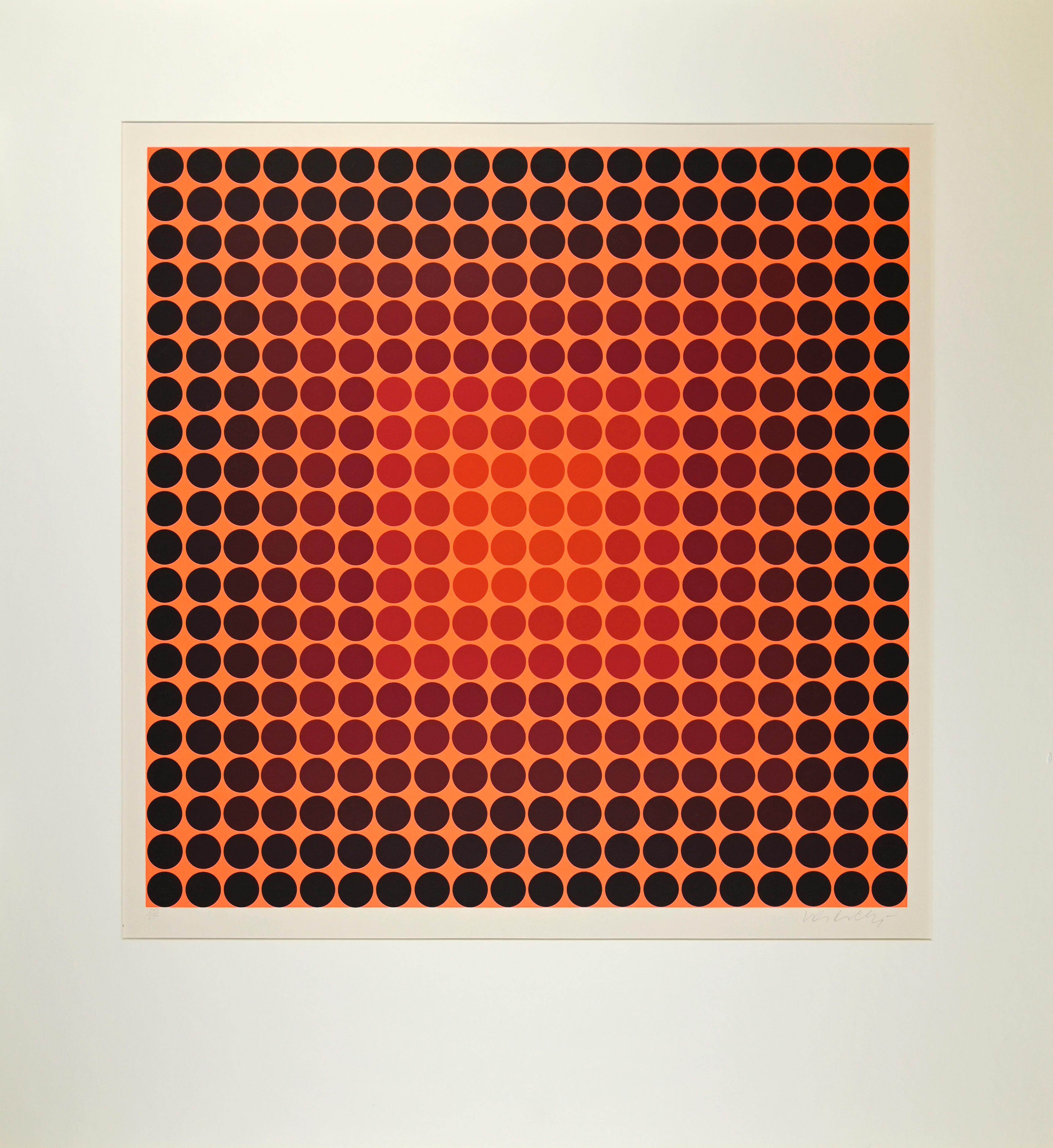 Victor Vasarely Abstract Print - Black Dots on Orange - Screen Print by V. Vasarely - 1965