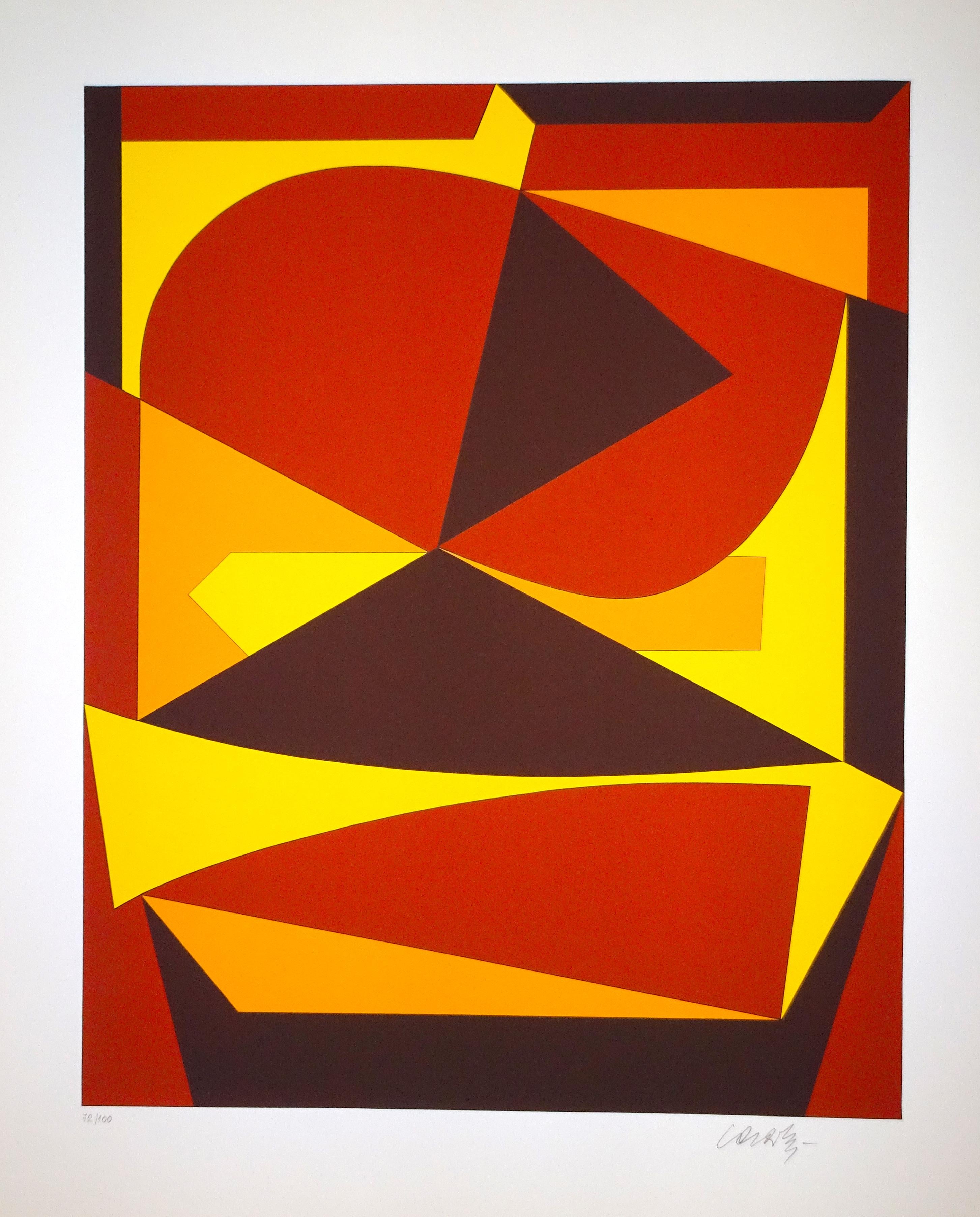 Brown And Yellow Composition is a beautiful serigraph with a brown, yellow, and orange abstract composition, realized by Victor Vasarely.
The plate is from the portfolio of 10 screenprints, Les Années Cinquante, published by Pesti Mühely, Budapest,