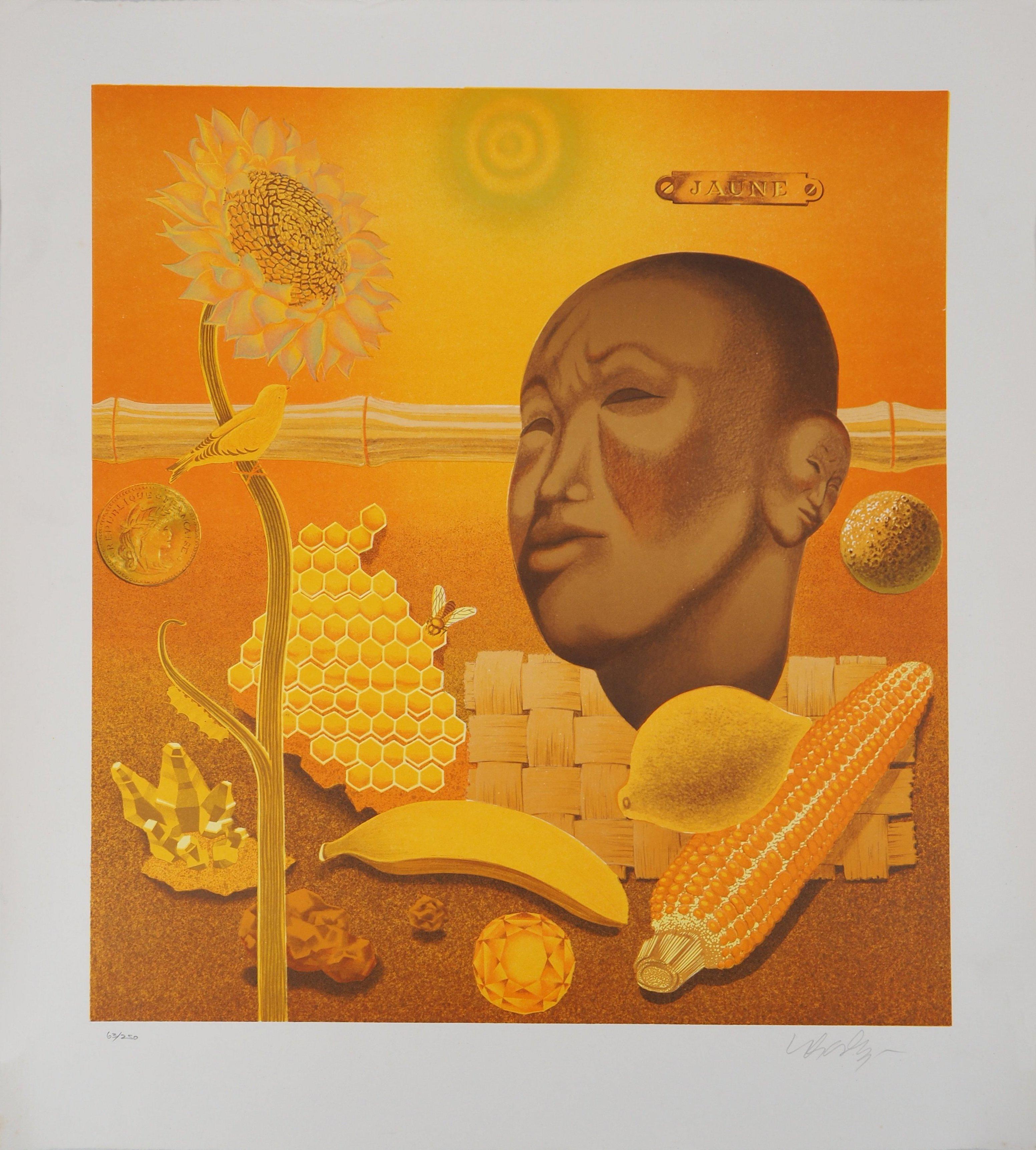 Victor Vasarely Figurative Print - Buddha, Life in Yellow - Handsigned Lithograph, Limited to 250 copies