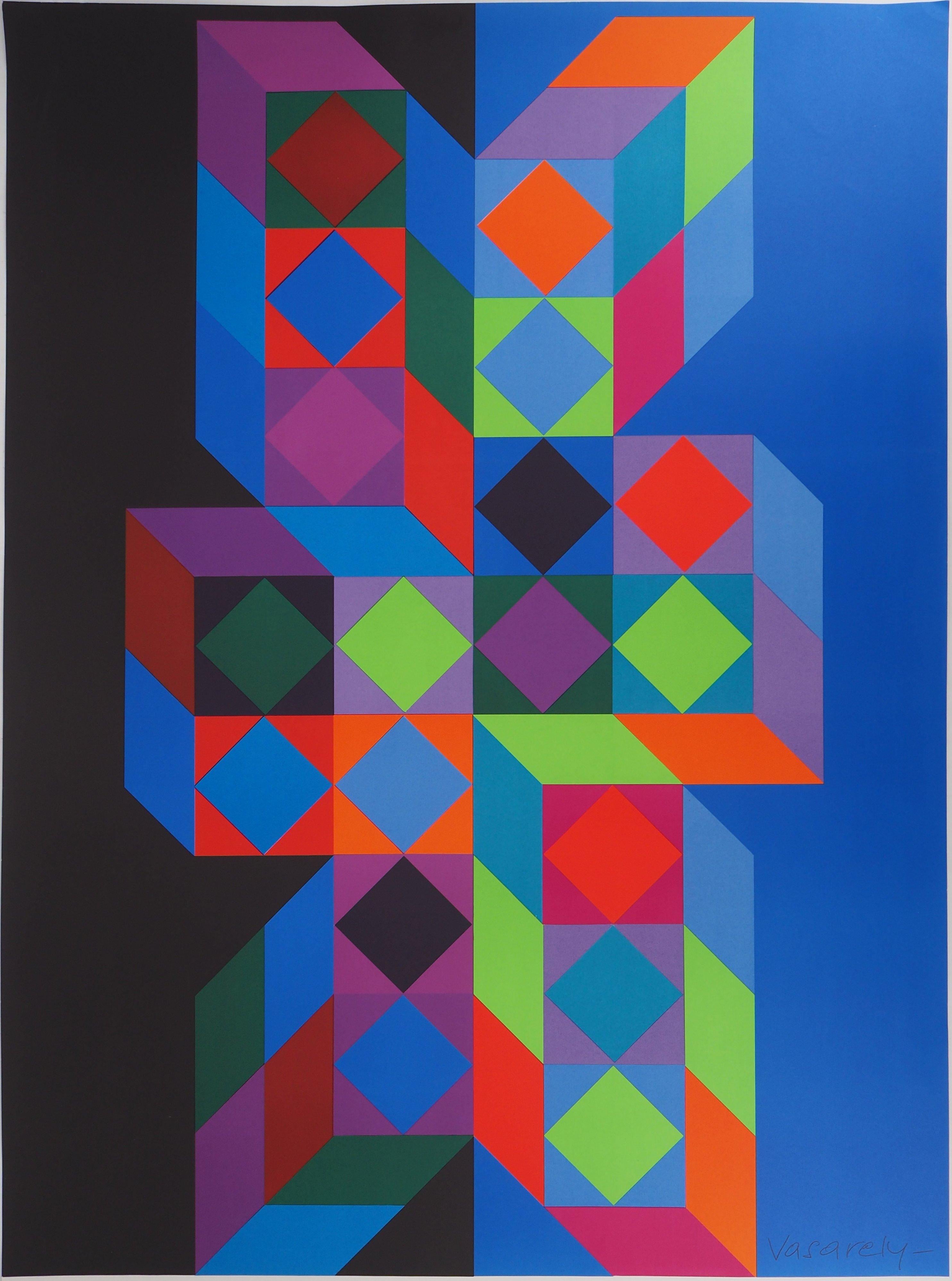 Cinetic Geometric - Screen Print (Olympic Games Munich 1972) - Purple Figurative Print by After Victor Vasarely