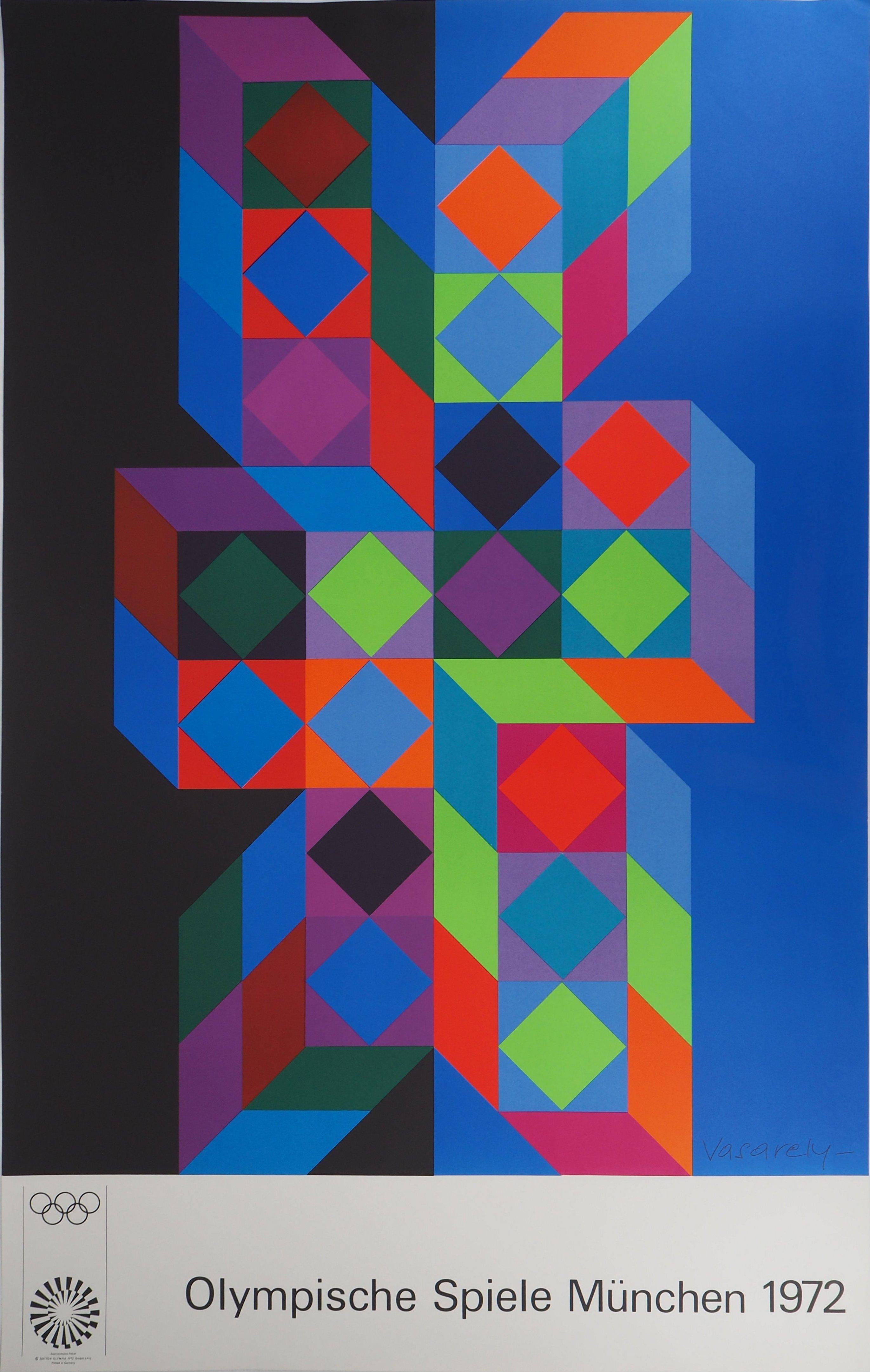 After Victor Vasarely Figurative Print - Cinetic Geometric - Screen Print (Olympic Games Munich 1972)