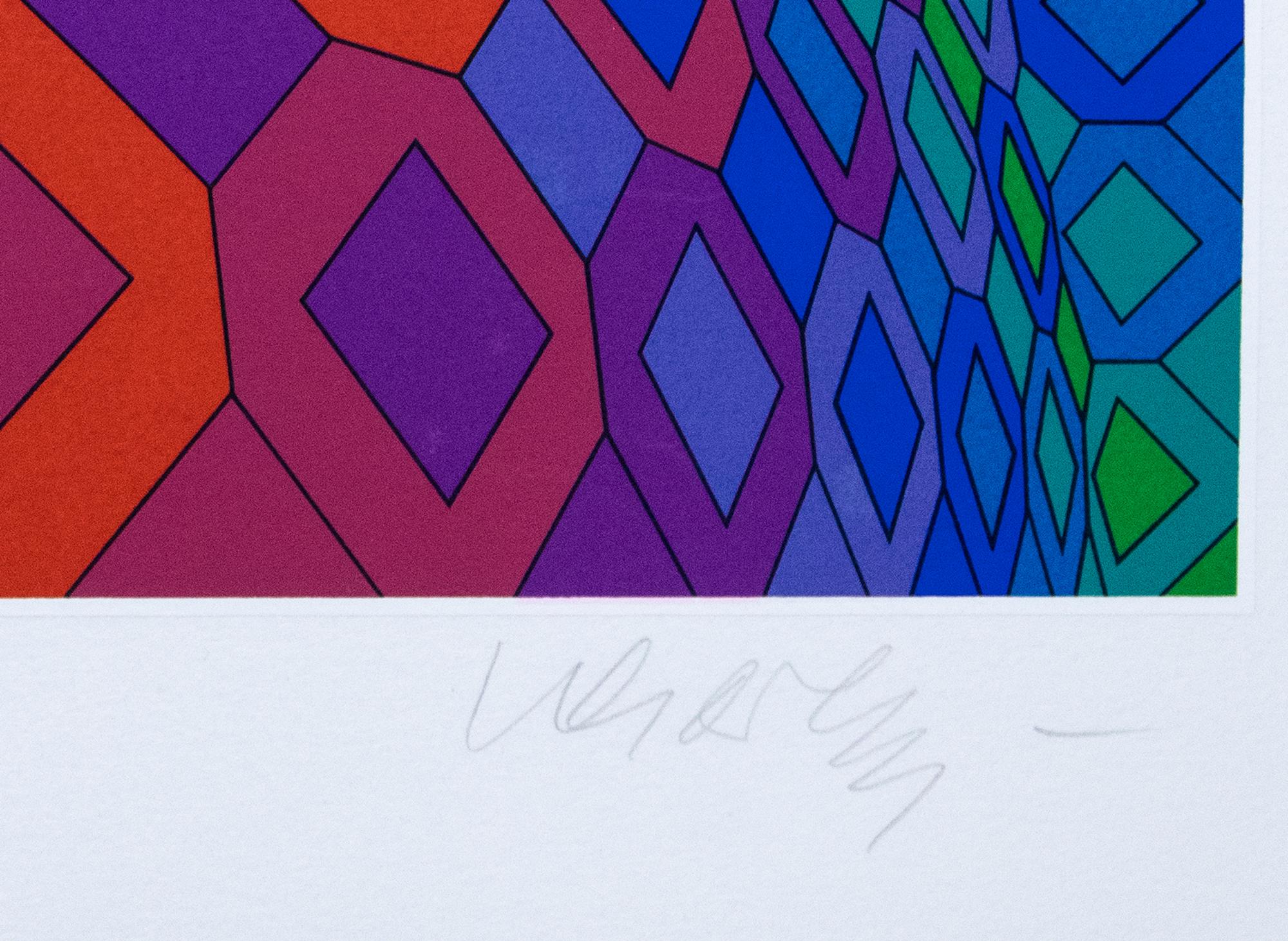 Vegokta is an original artwork realized by the artist Victor Vasarely (Pecs 1908-1997 Annet-sur-Marne) in 1978.  
Mixed colored screen print.  
Hand-signed by the artist.  
Edition of 250. Published by Georges Fall; At Silium, Paris.
Ref. Benavides