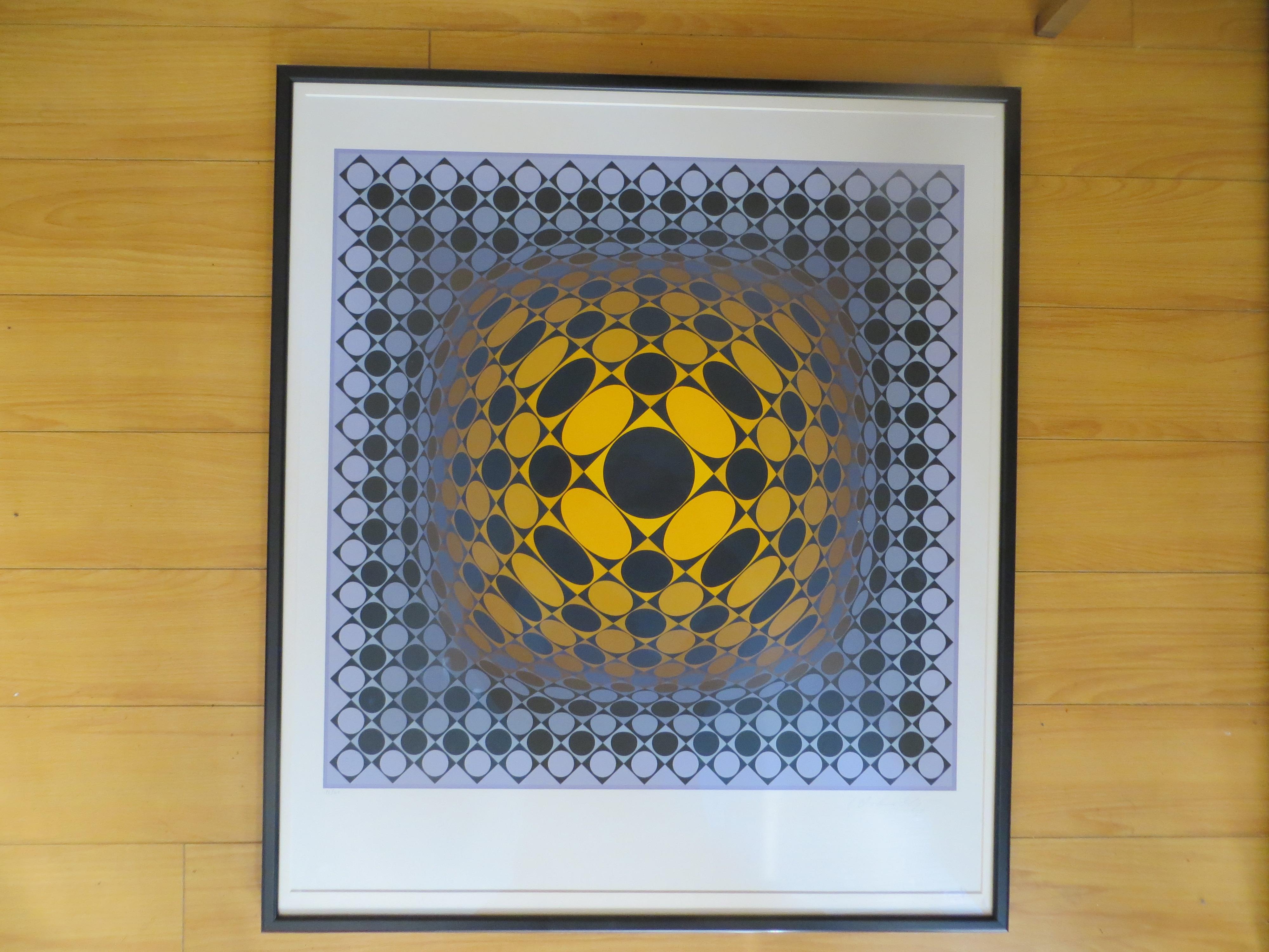Composition Ionau, Op Art print by Victor Vasarely
1987 .This bright and psychedelic lithograph by Vasarely .It features a signature and dedication in pencil by the artist Screenprint, signed and dedicated in pencil
Edition of  86/267;
VICTOR