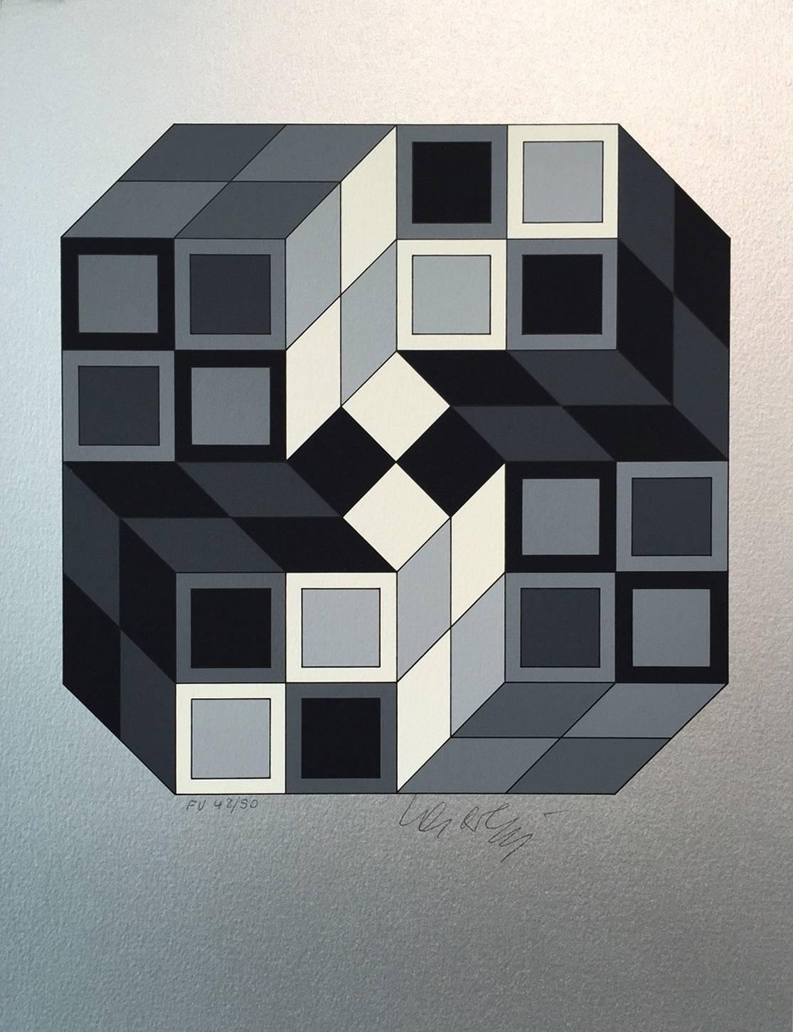 Victor Vasarely Abstract Print - Composition Silver