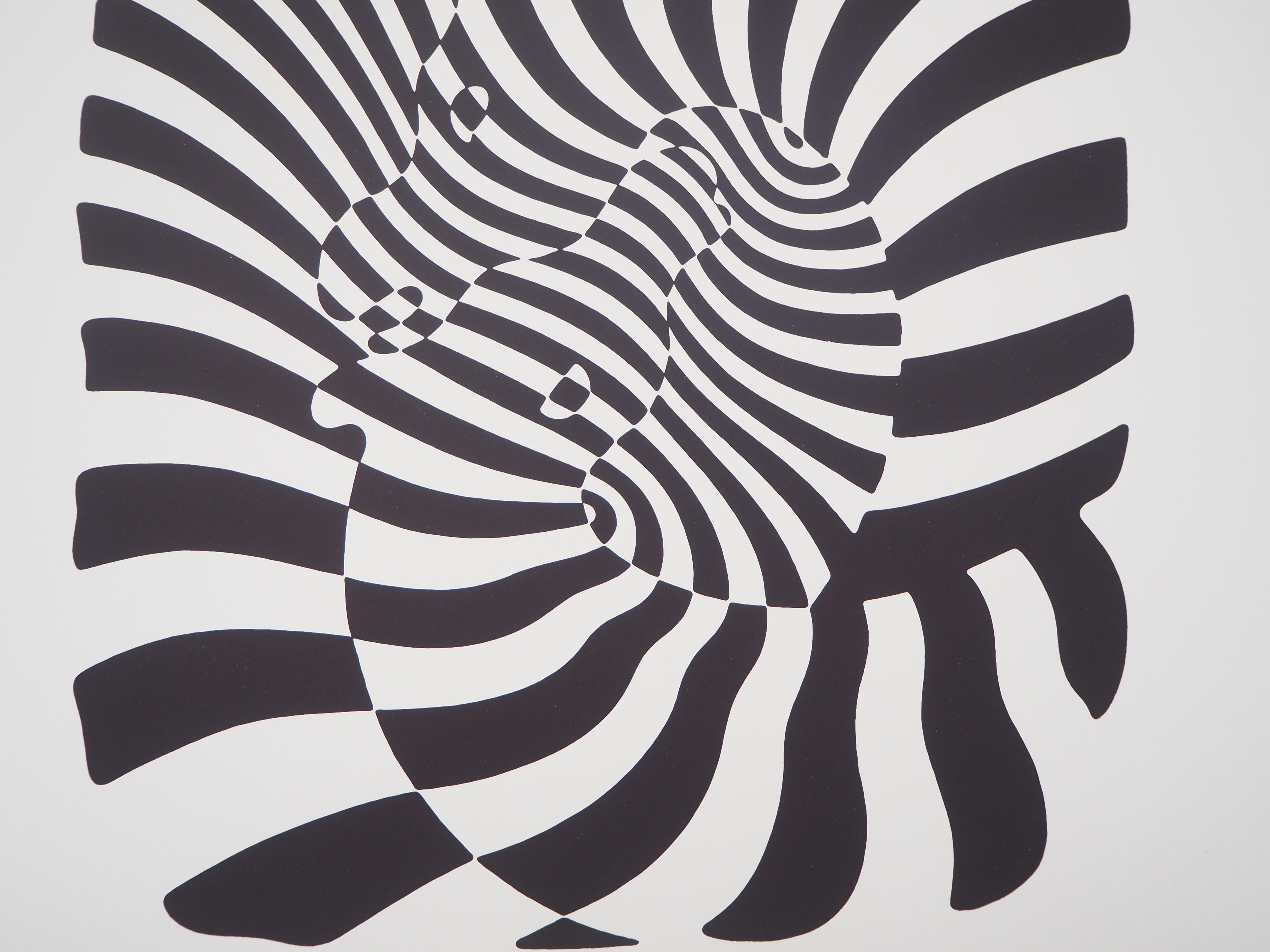 Couple of zebras - Screen Print, 1975 - Beige Animal Print by Victor Vasarely