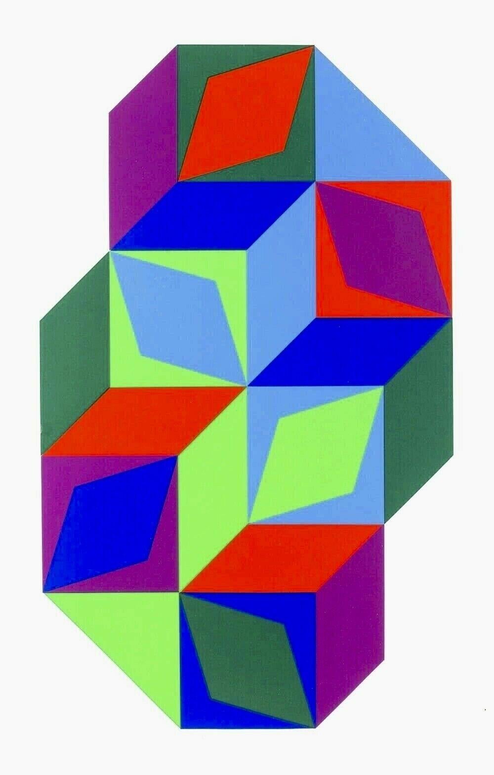 Artist: Victor Vasarely (1908-1997)
Title: Cover Illustration for the Catalogue, L’Art Livant 1965-1968
Year: 1968
Medium: Silkscreen on wove paper
Edition: 200, plus proofs
Size: 26 x 17.75 inches
Condition: Excellent
Inscription: Signed and