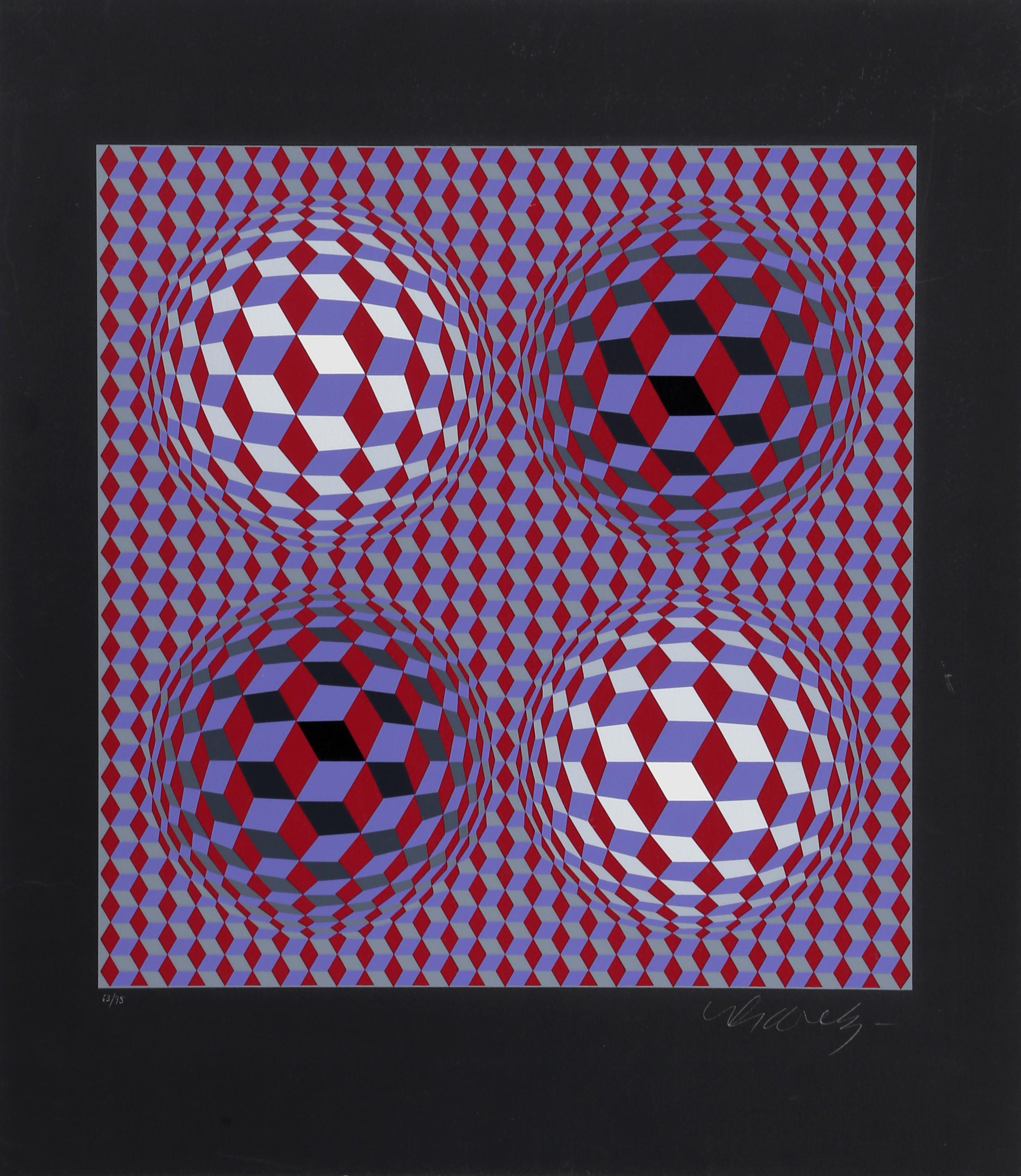 Deimos Black by Victor Vasarely, Hungarian (1908–1997)
Date: 1981
Screenprint, signed and numbered in pencil
Edition of 63/75
Image Size: 12.25 x 11.75 inches
Size: 17.25 x 15 in. (43.82 x 38.1 cm)