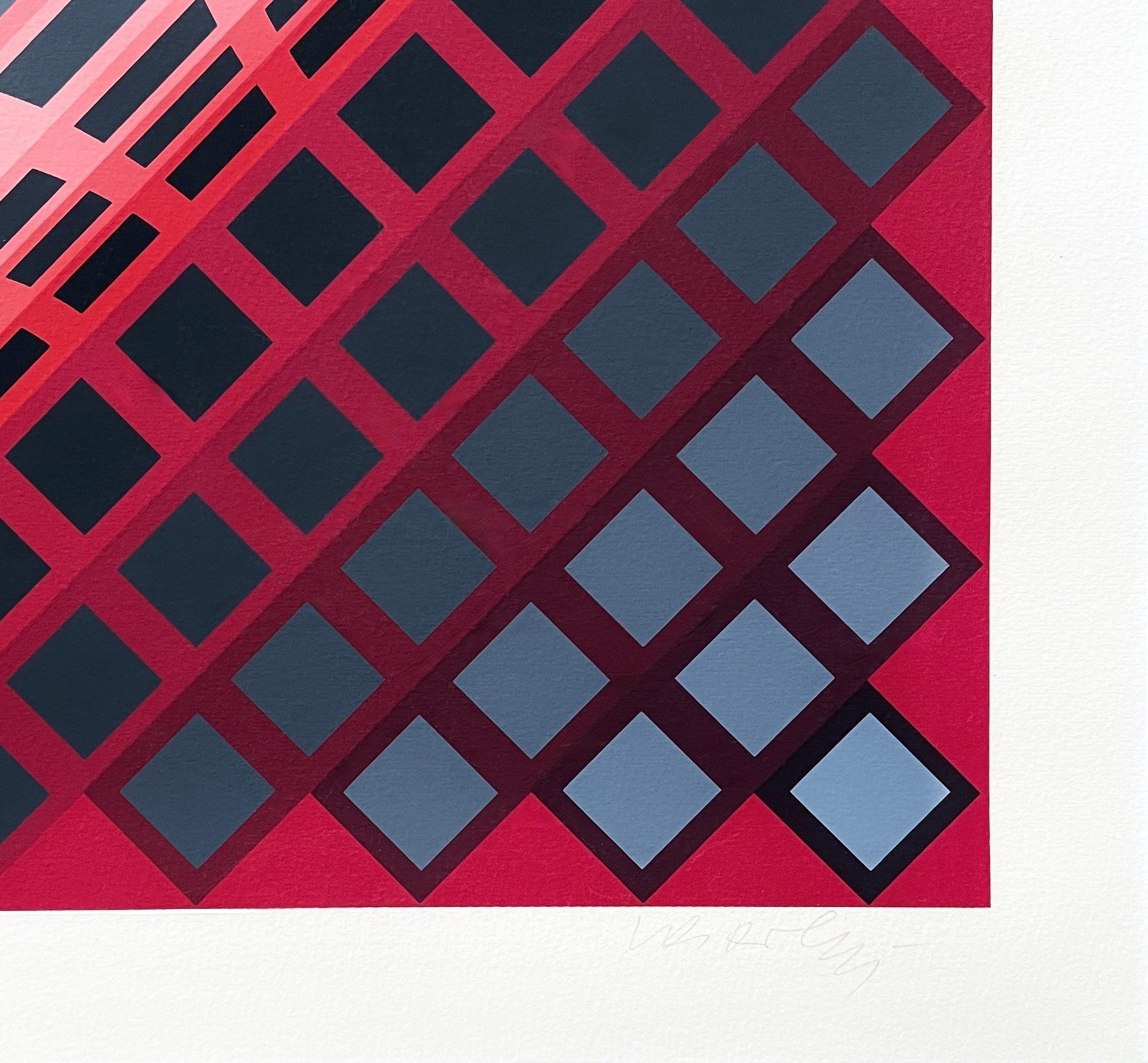 Artist: Victor Vasarely (1908-1997)
Title: Dell-Surk (Benavides 267)
Year: 1975
Medium: Silkscreen on Rives BFK paper
Edition: 24/250, plus proofs
Size: 32.63 x 32.63 inches
Condition: Good
Inscription: Signed and numbered by the artist
Notes: