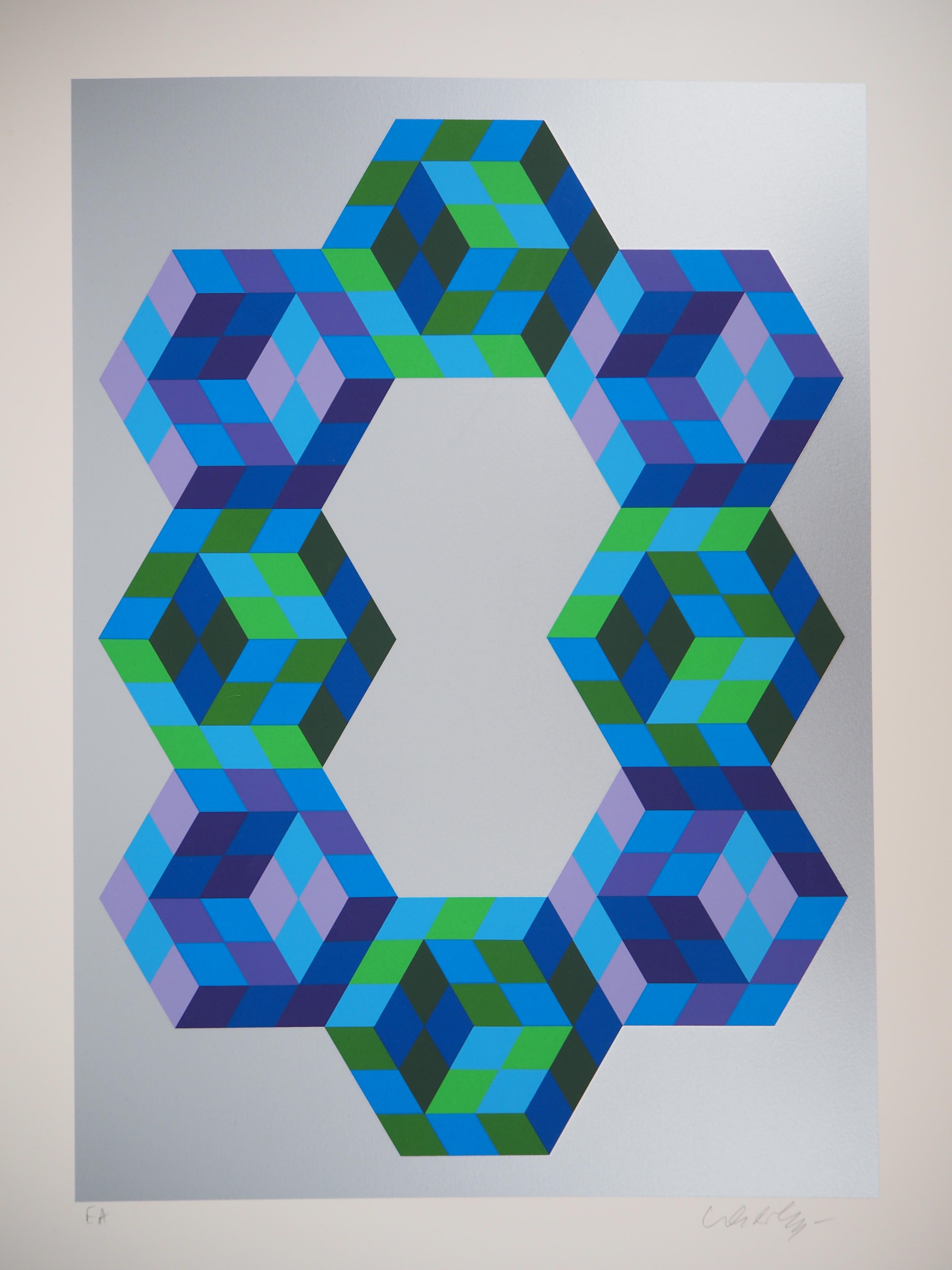 Victor VASARELY
Eight Hexagons, c. 1970

Original screen print
Handsigned in pencil
Justified EA (artist proof)
On vellum 72 x 54 cm (c. 29 x 22 in)

Excellent condition