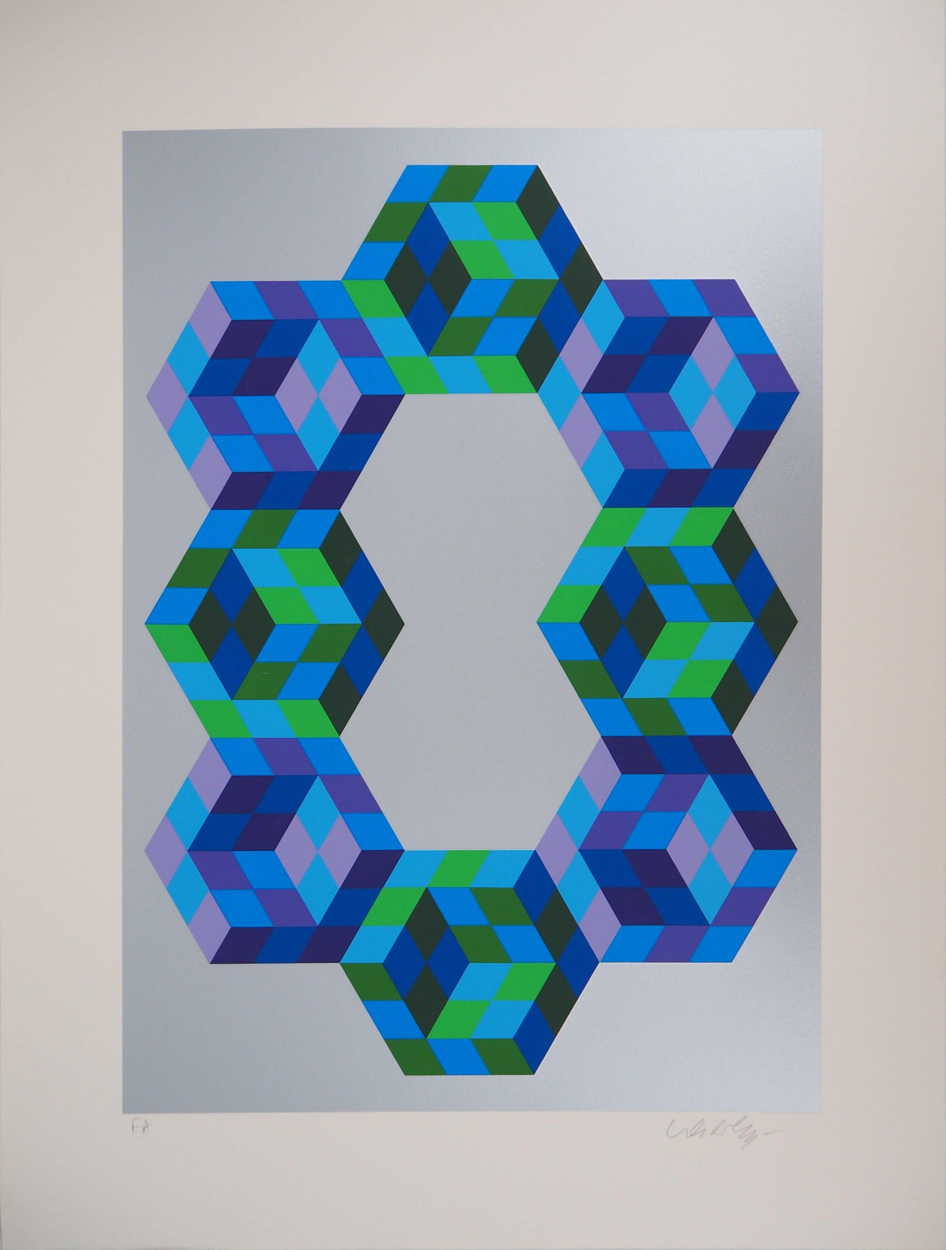 Victor Vasarely Abstract Print - Eight Hexagons - Handsigned Screen Print