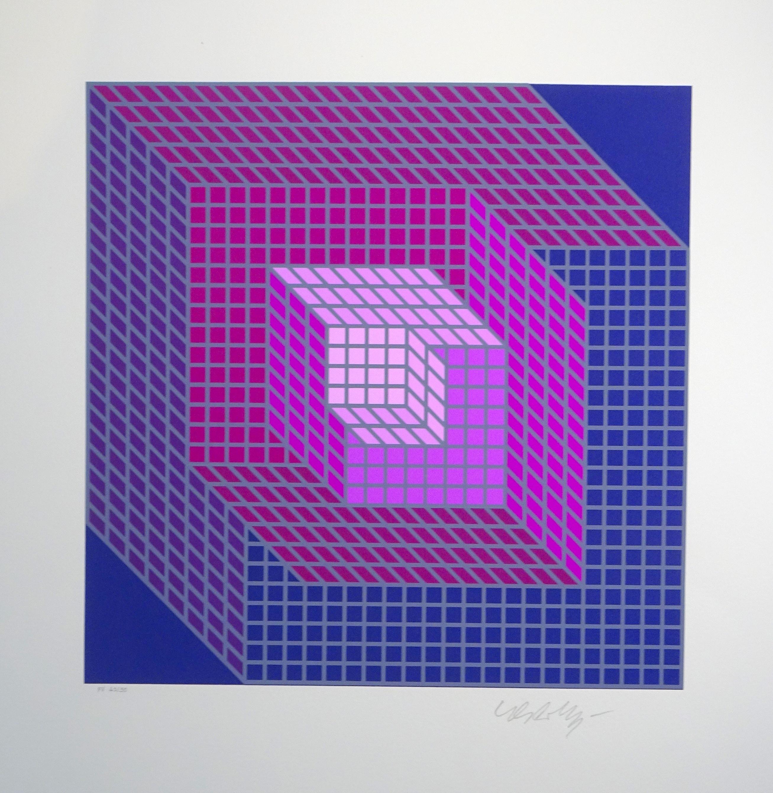 Geometrische Komposition - Violet is a beautiful original serigraph of Op-Art realized by Victor Vasarely.
Numbered (43/50) on the lower left and signed on the lower right in pencil.

Perfect conditions.

Image Dimensions: 30 x 30 cm
