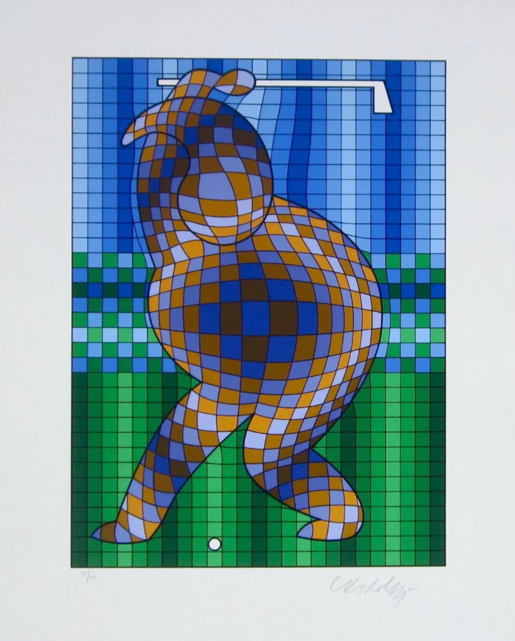 Victor Vasarely Abstract Print - Golfer, Blue & Gold