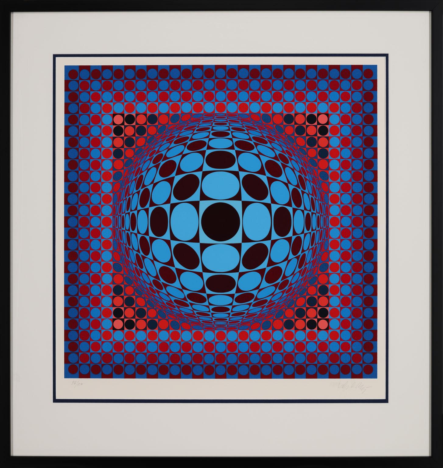 "Hang," an original serigraph by Victor Vasarely, is a piece for the true collector. Vasarely is considered the father of the Op-Art movement and developed an iconic style that is recognizable across the globe and has been widely collected for eight
