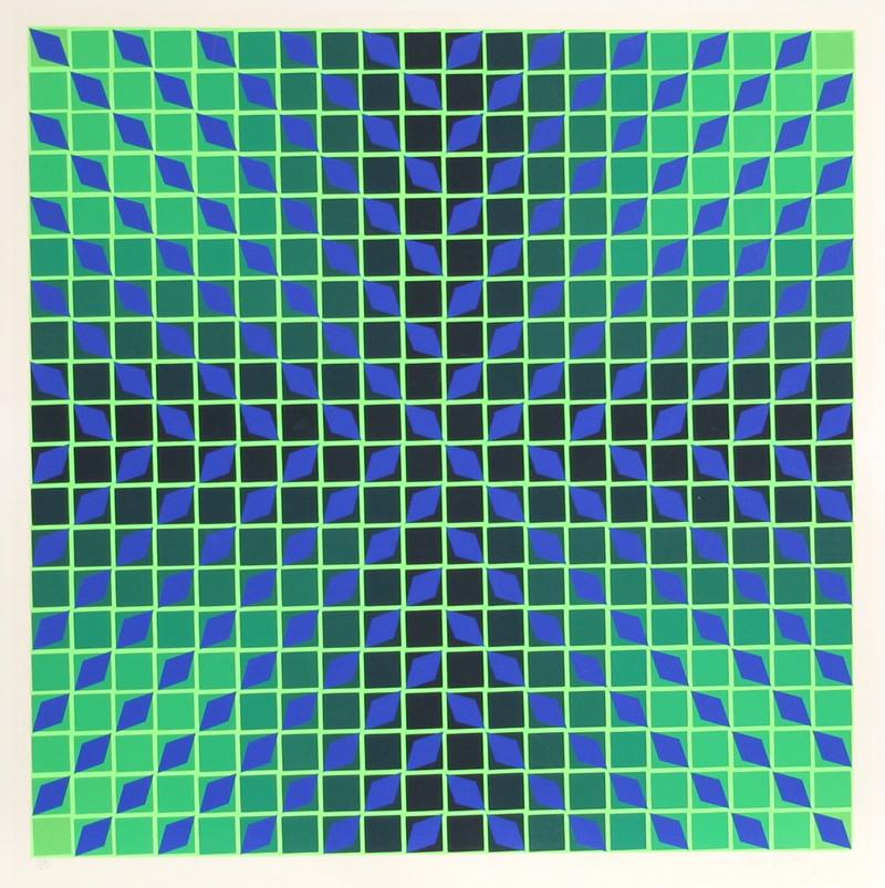 Green squares fade from the corners to black in this optical artwork by the artist. Blue diamond shapes crisscross towards the center making an X pattern in this grid-based print.

Title: Jindey
Date: circa 1975
Medium: Screenprint, signed and