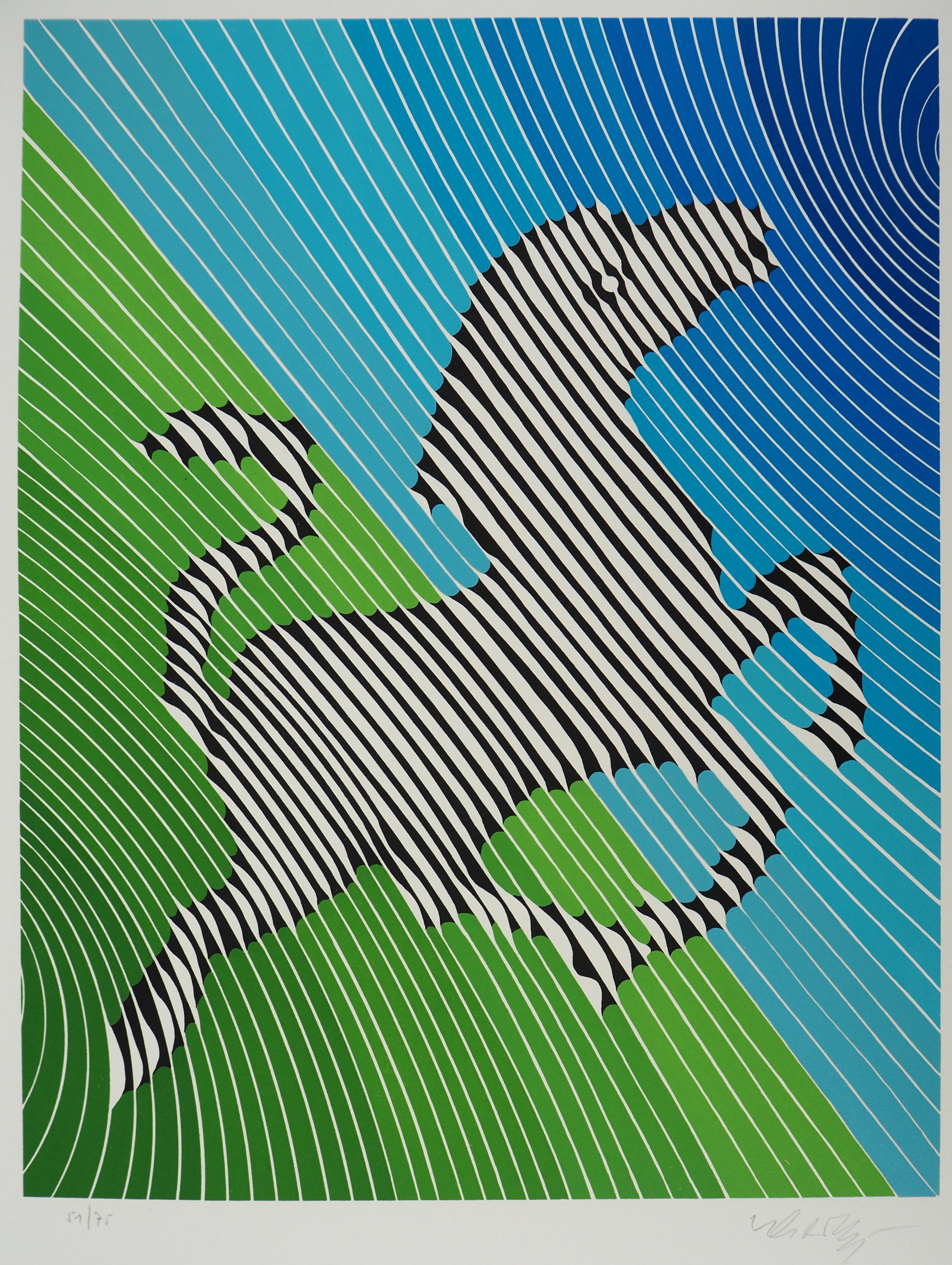 Jumping Zebra (Op Art) - Original Lithograph, HANDSIGNED (Benavides #985) - Blue Abstract Print by Victor Vasarely