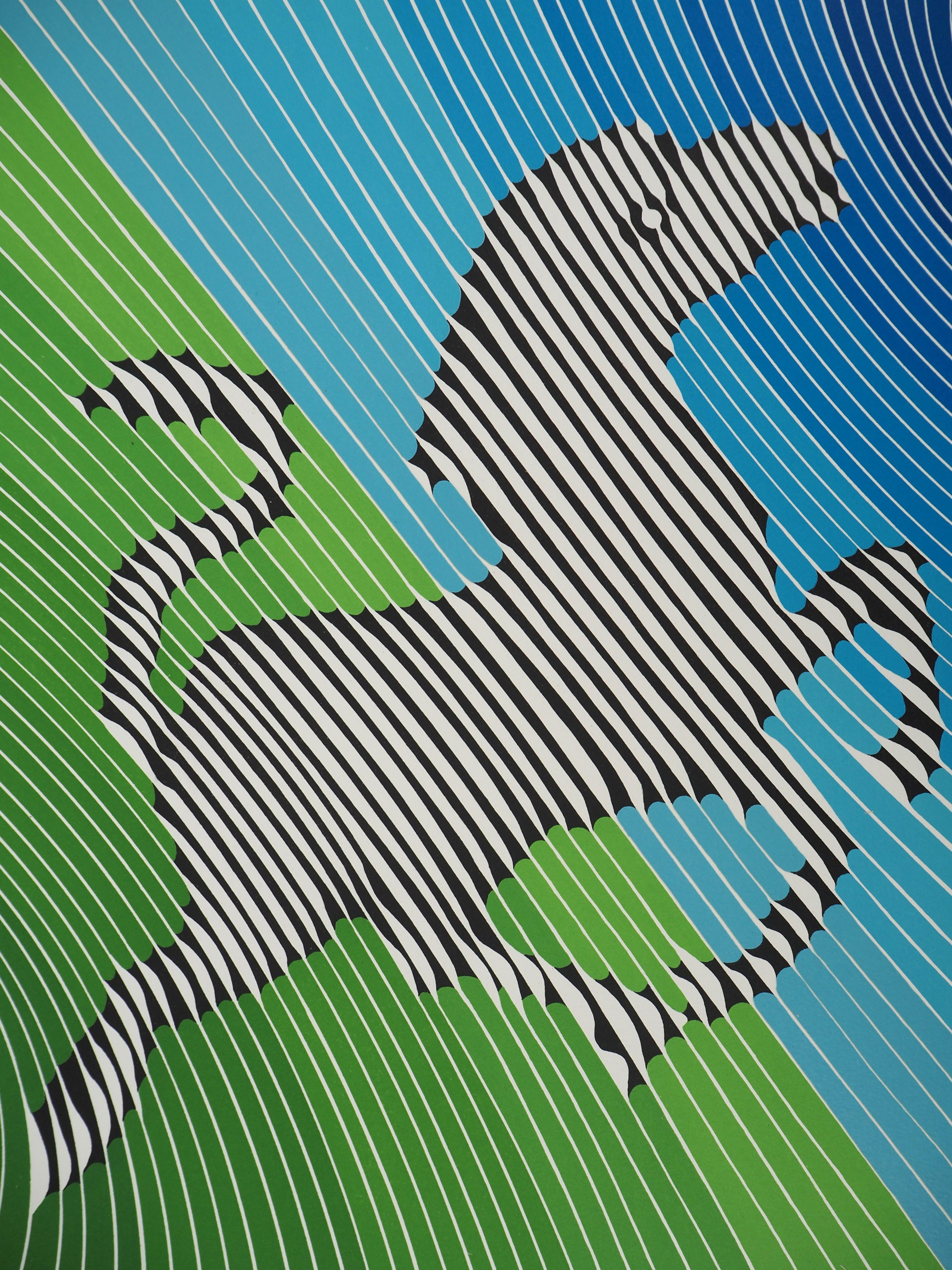 Jumping Zebra (Op Art) - Original Lithograph, HANDSIGNED (Benavides #985) For Sale 1