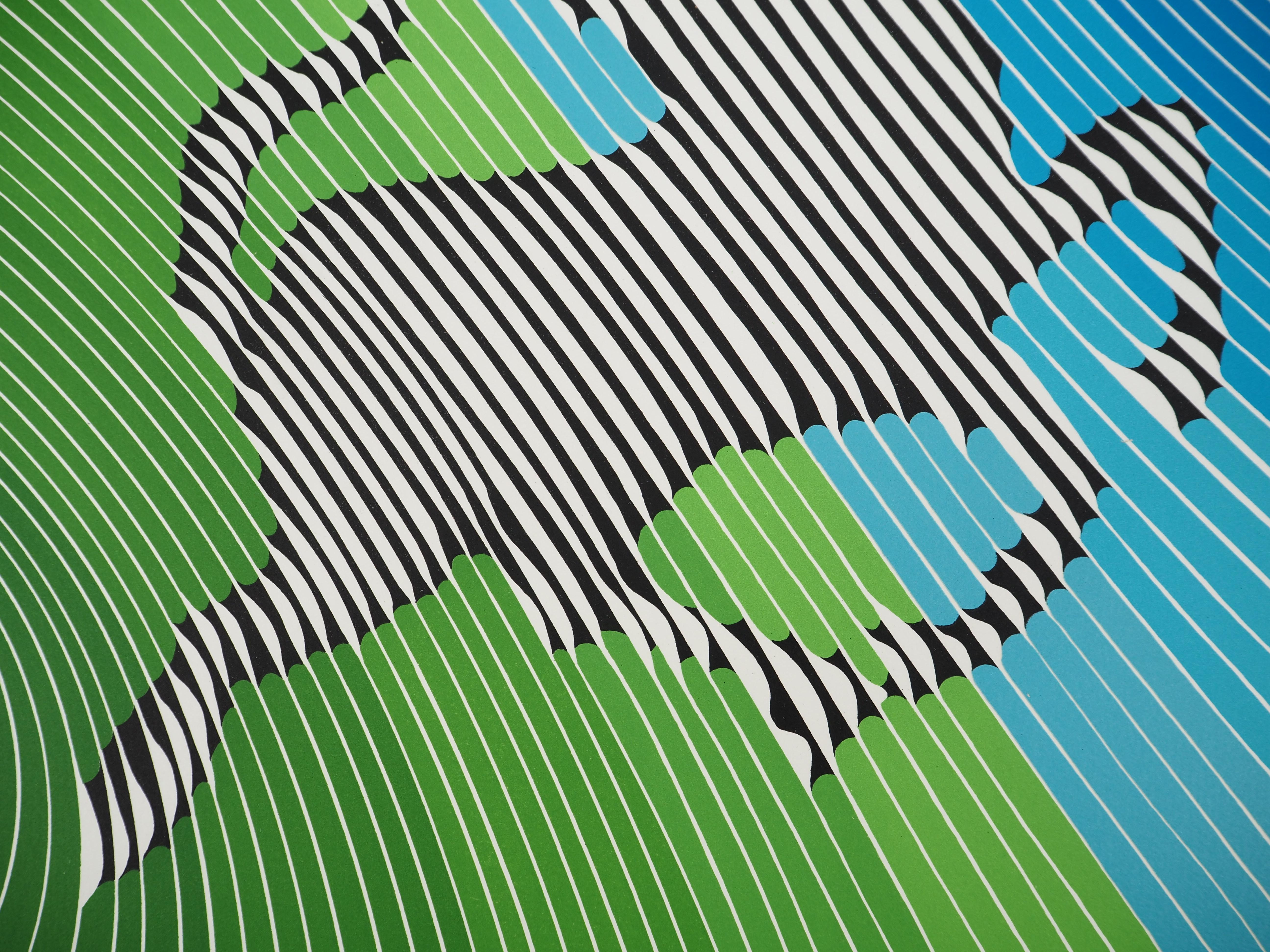 Jumping Zebra (Op Art) - Original Lithograph, HANDSIGNED (Benavides #985) For Sale 4