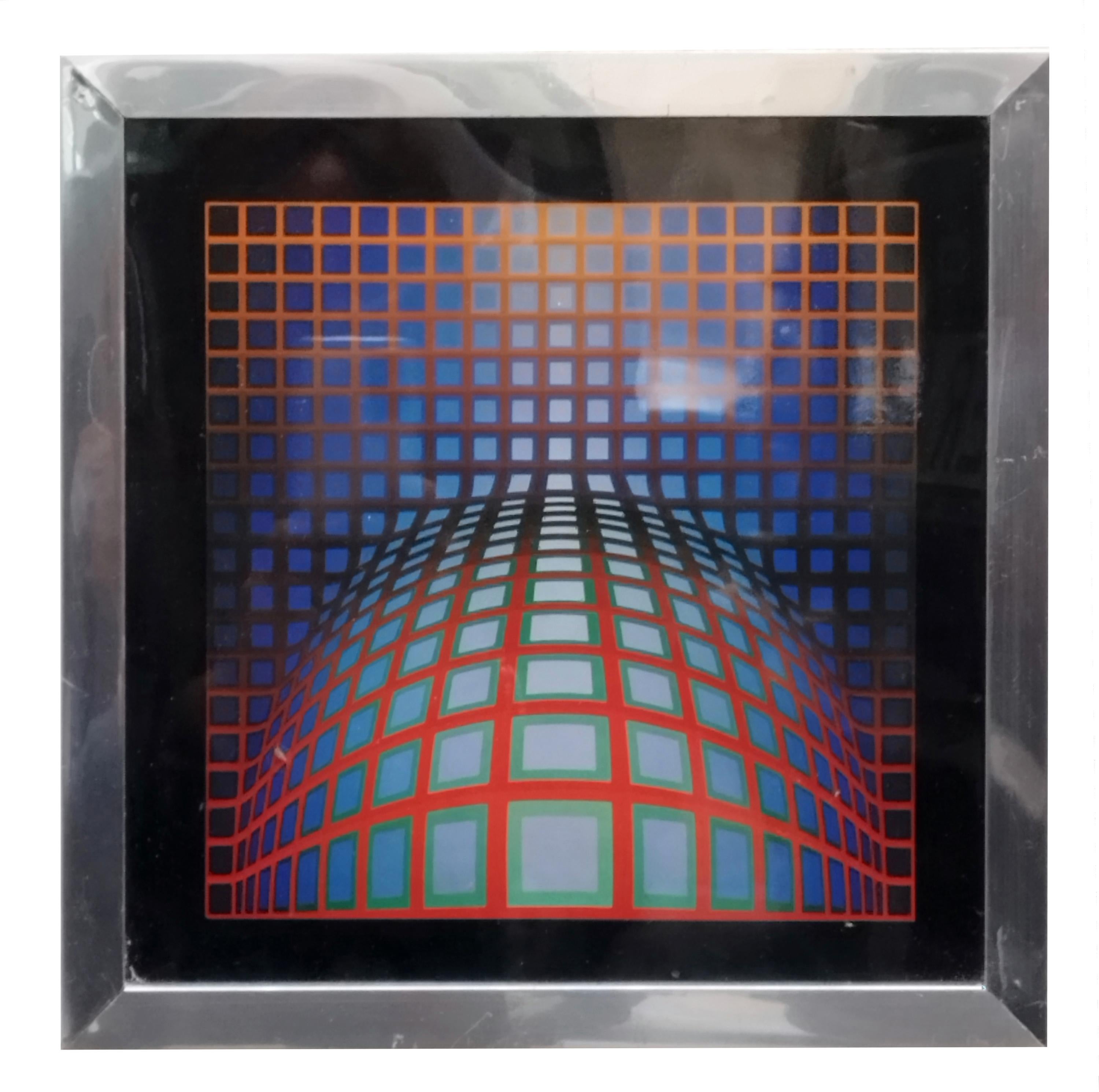 Kezdi-Vega by Victor Vasarely, 1971. Silkscreen on glossy paper, Griffon 1974 series, original chrome-plated metal frame of the time.

