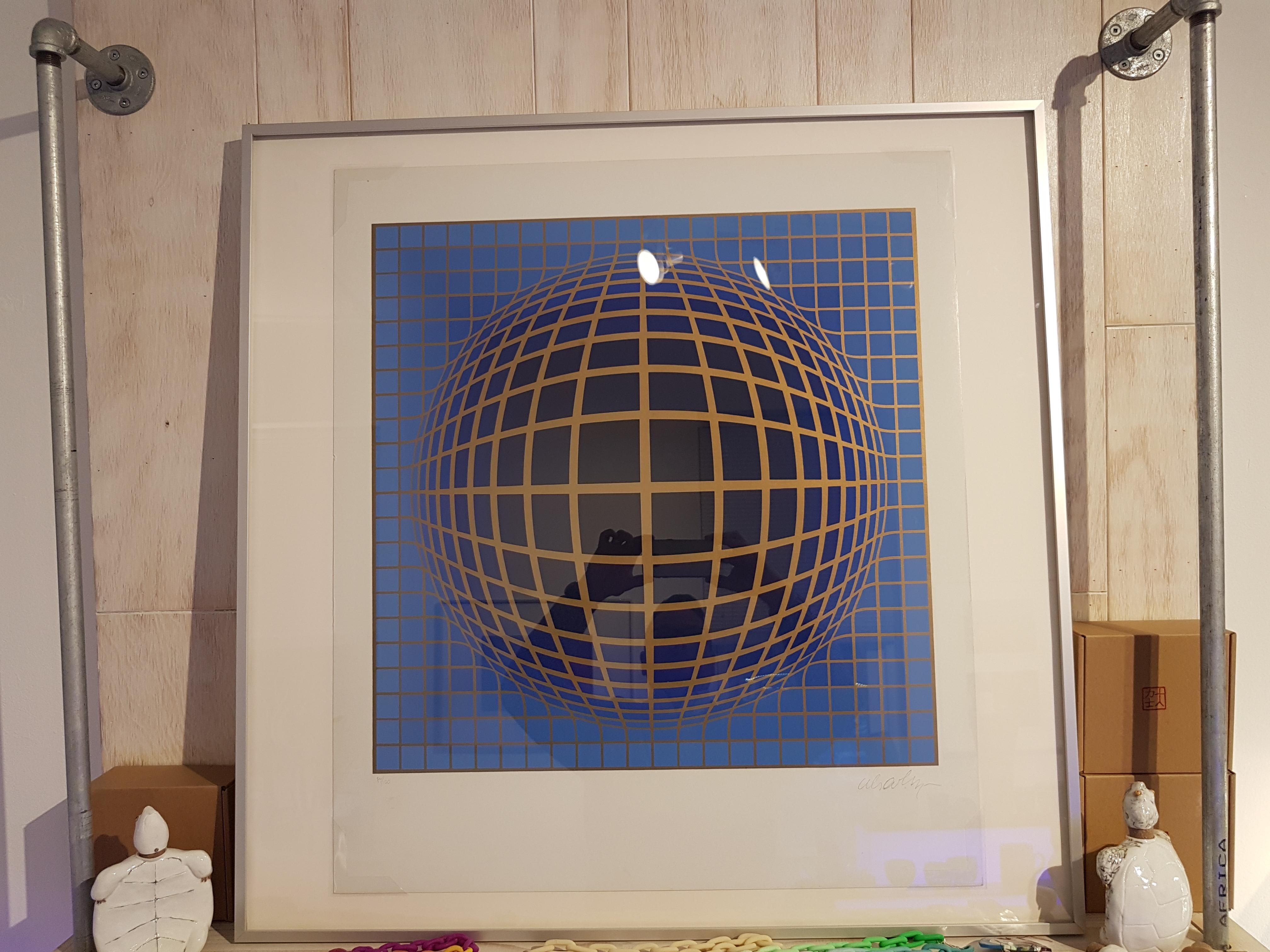 Kinetic Composition, Blue Sphere - Op Art Print by Victor Vasarely