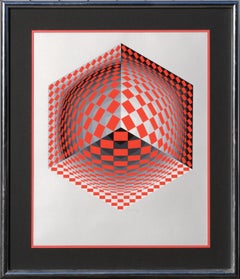 "Mertan" (Hommage à l'Hexagone) Abstract Red Checkerboard Op Art Screen Print