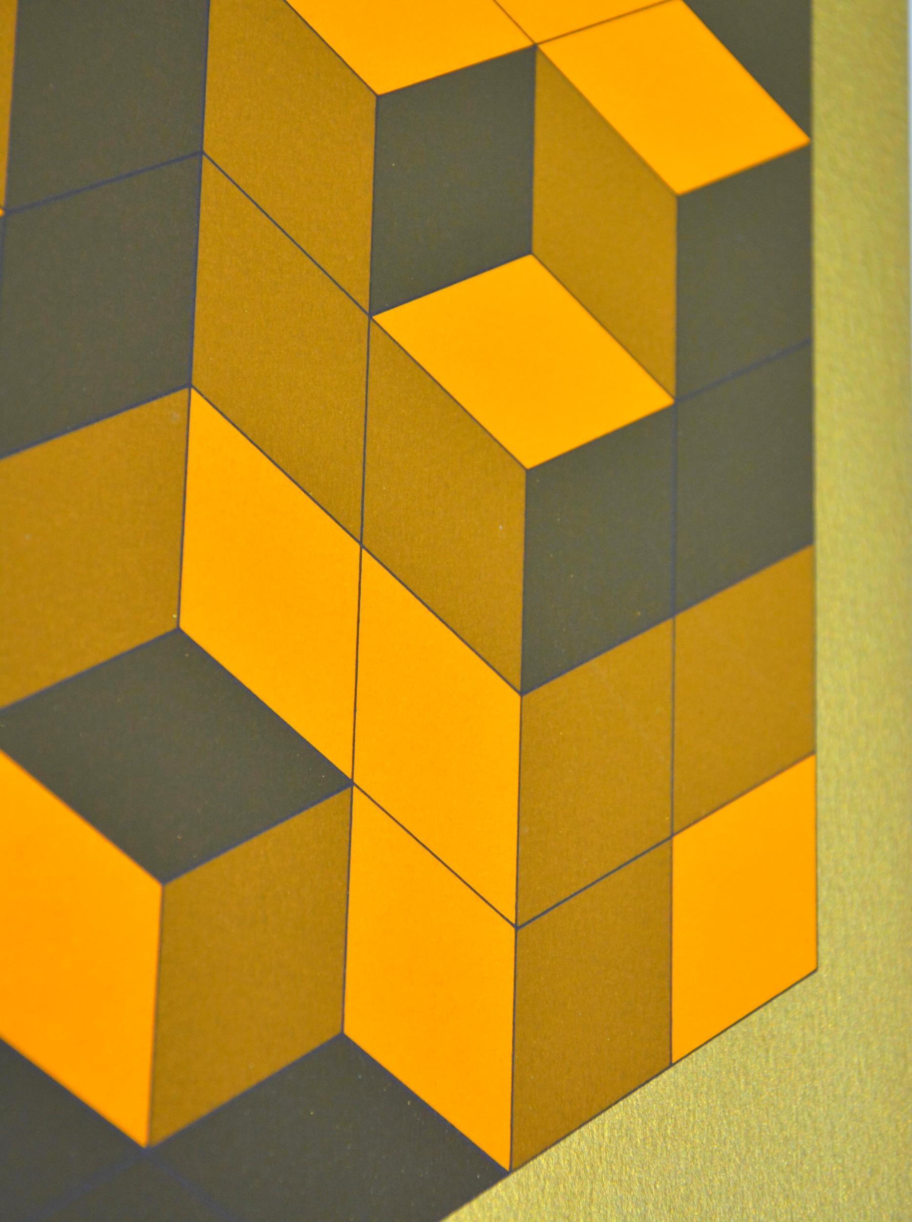 Microcosme - Orange Abstract Print par Victor Vasarely
