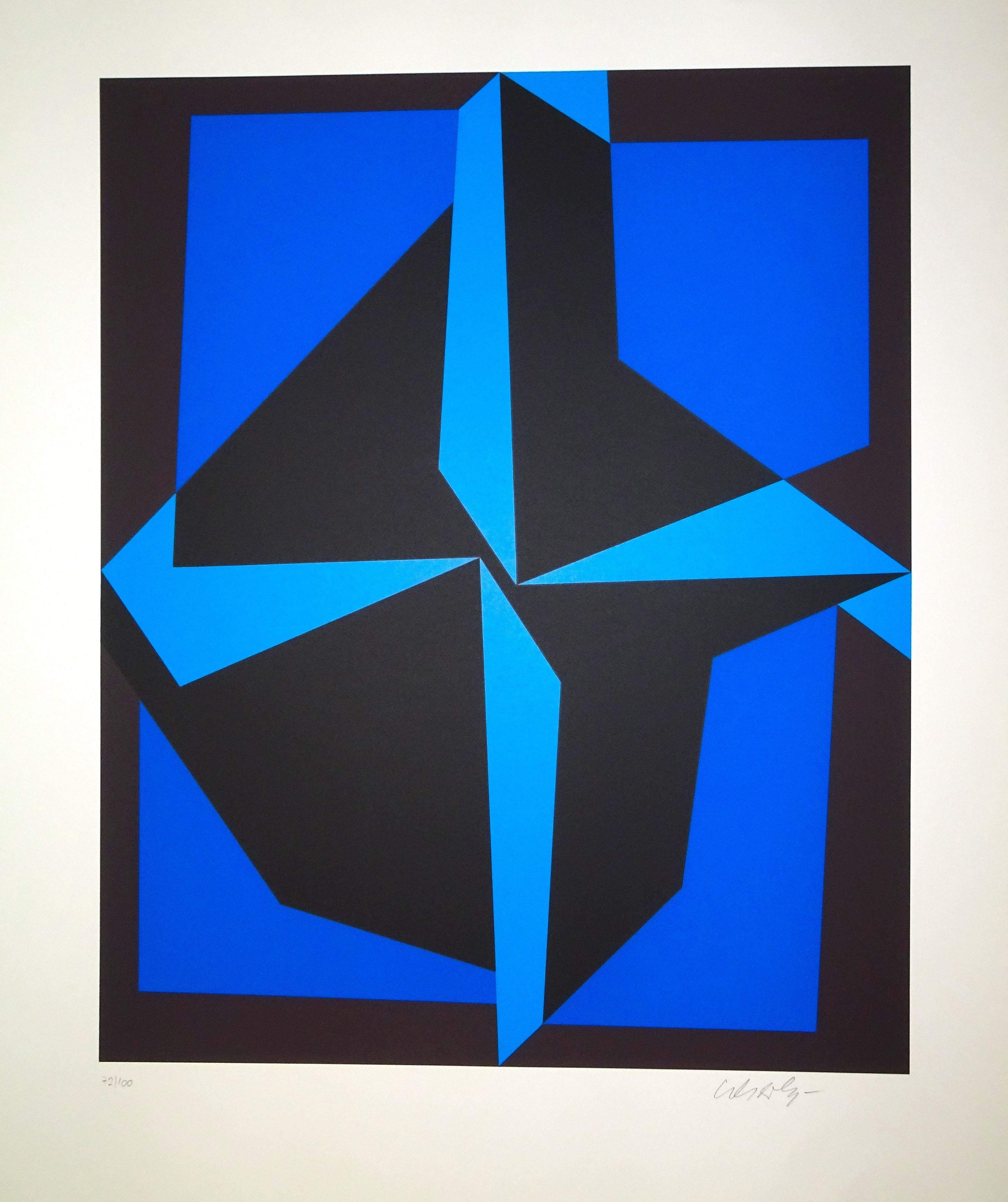 Mixed Blue Composition is a beautiful serigraph with a blue, light blue, and black abstract composition, realized by Victor Vasarely.
The plate is from the portfolio Les Années Cinquante edited by Pesti Mühely, Budapest, in 1989. Hand-signed by the