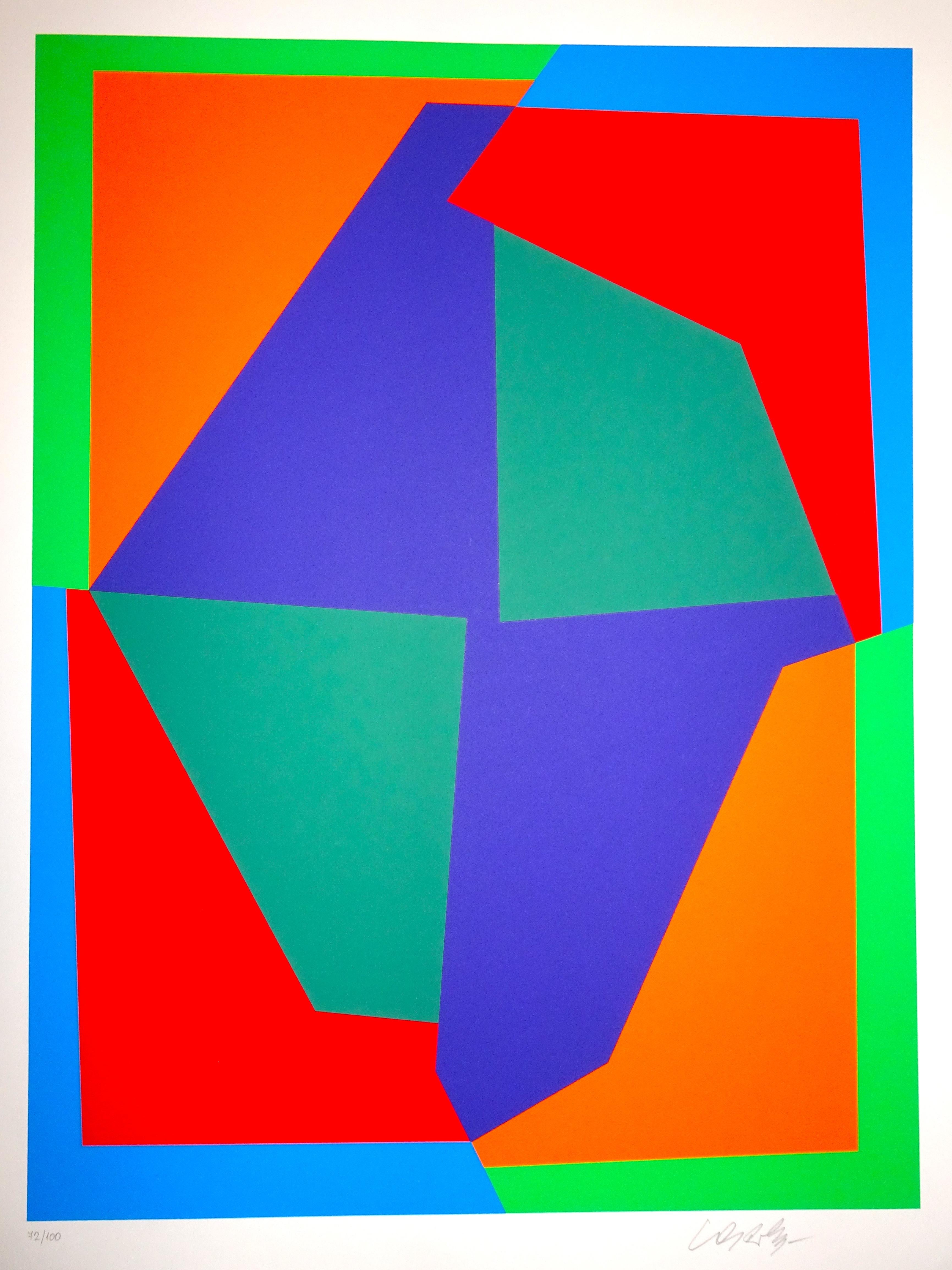 Mixed-Color Composition is a wonderful serigraph representing a blue, red, green, light blue, and orange abstract composition realized by Victor Vasarely.
The plate is from the portfolio Les Années Cinquante edited by Pesti Mühely, Budapest, in