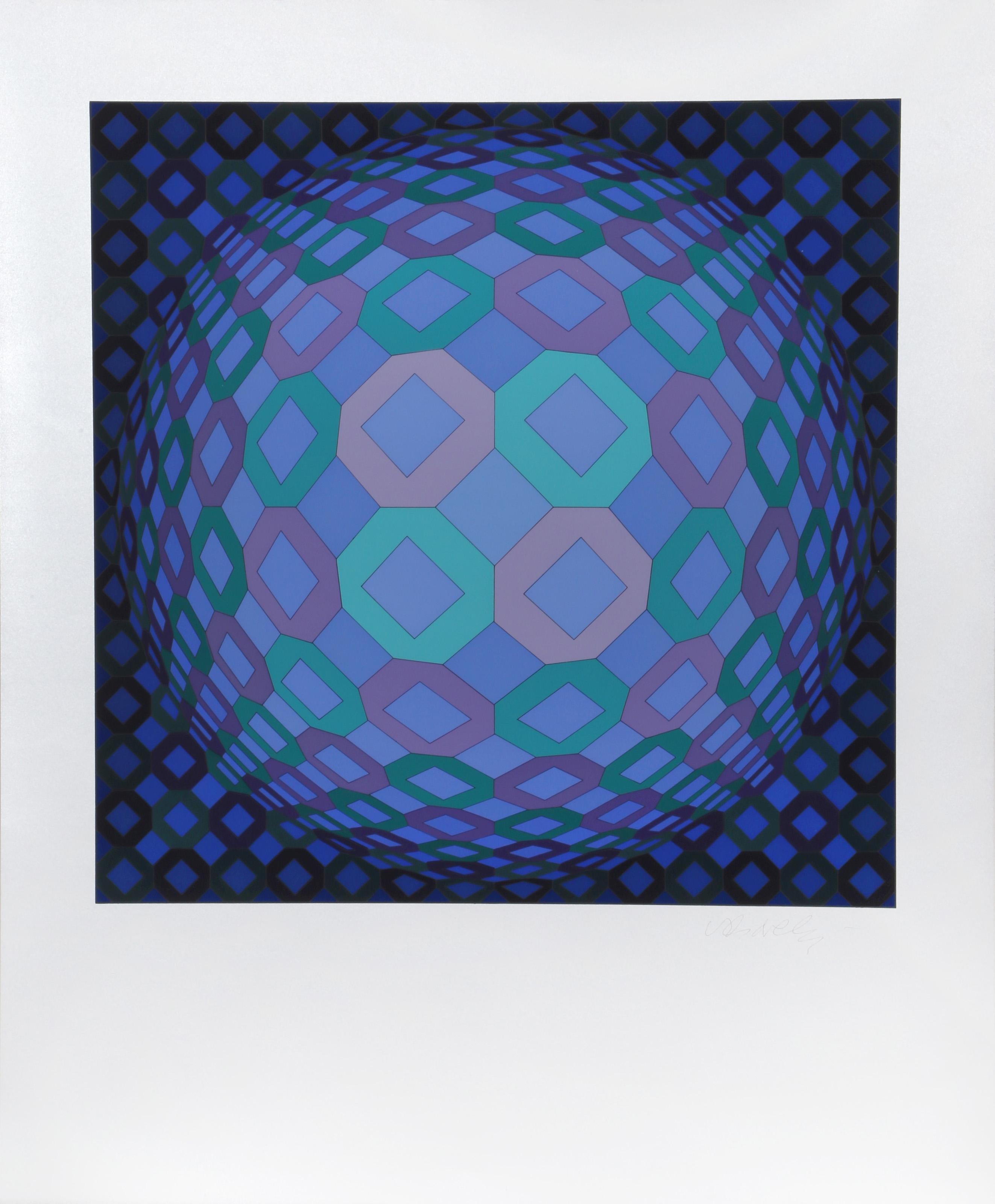 Victor Vasarely’s Op Art painting generates a sense of movement as it appears to warp into a sphere that is overlaid with stripes in a geometric pattern. This print includes the printer's information on the verso.

Okta-Pos
Victor Vasarely,