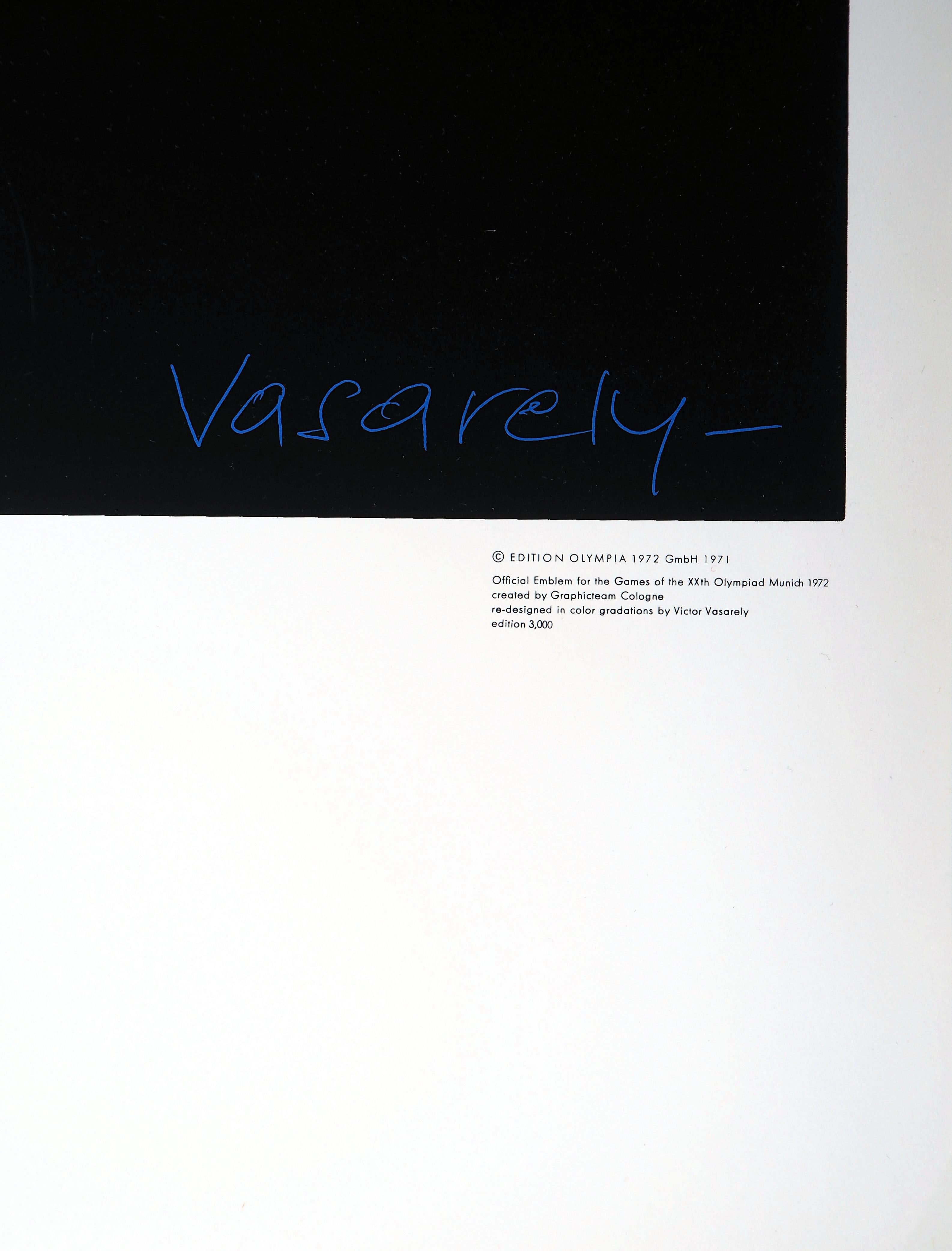 Victor Vasarely
Olympia : Sky and Sun (Op art spiral), 1971

Original 15 colors screenprint 
Printed signature in the plate
On paper 100 x 78 cm (c. 40 x 31 in)

REFERENCES : Catalog raisonné Vasarely Printed edition #678

INFORMATION : Created for