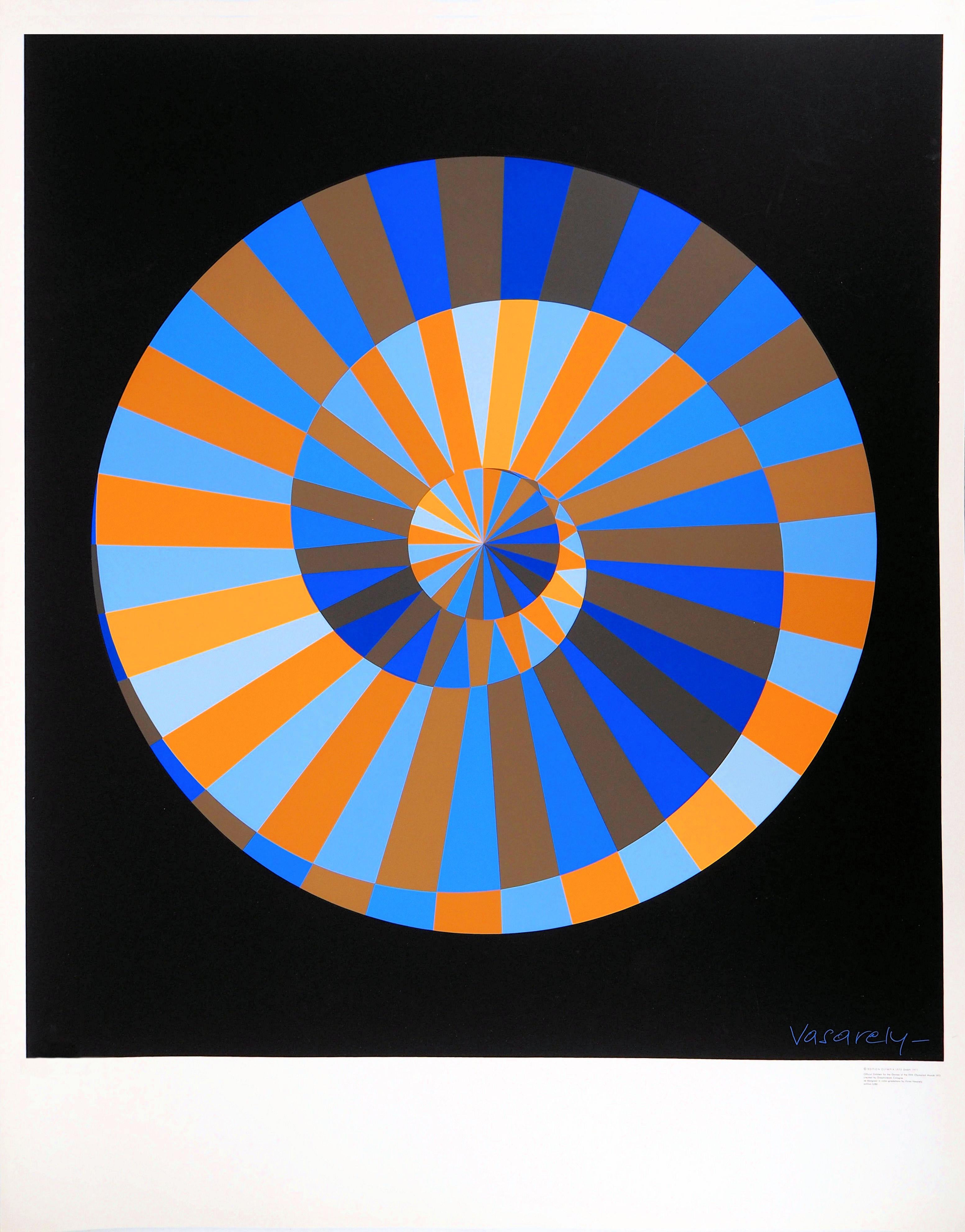 Victor Vasarely Abstract Print - Olympia : Sky and Sun (Op Art Spiral) - Original Screen Print, 1971