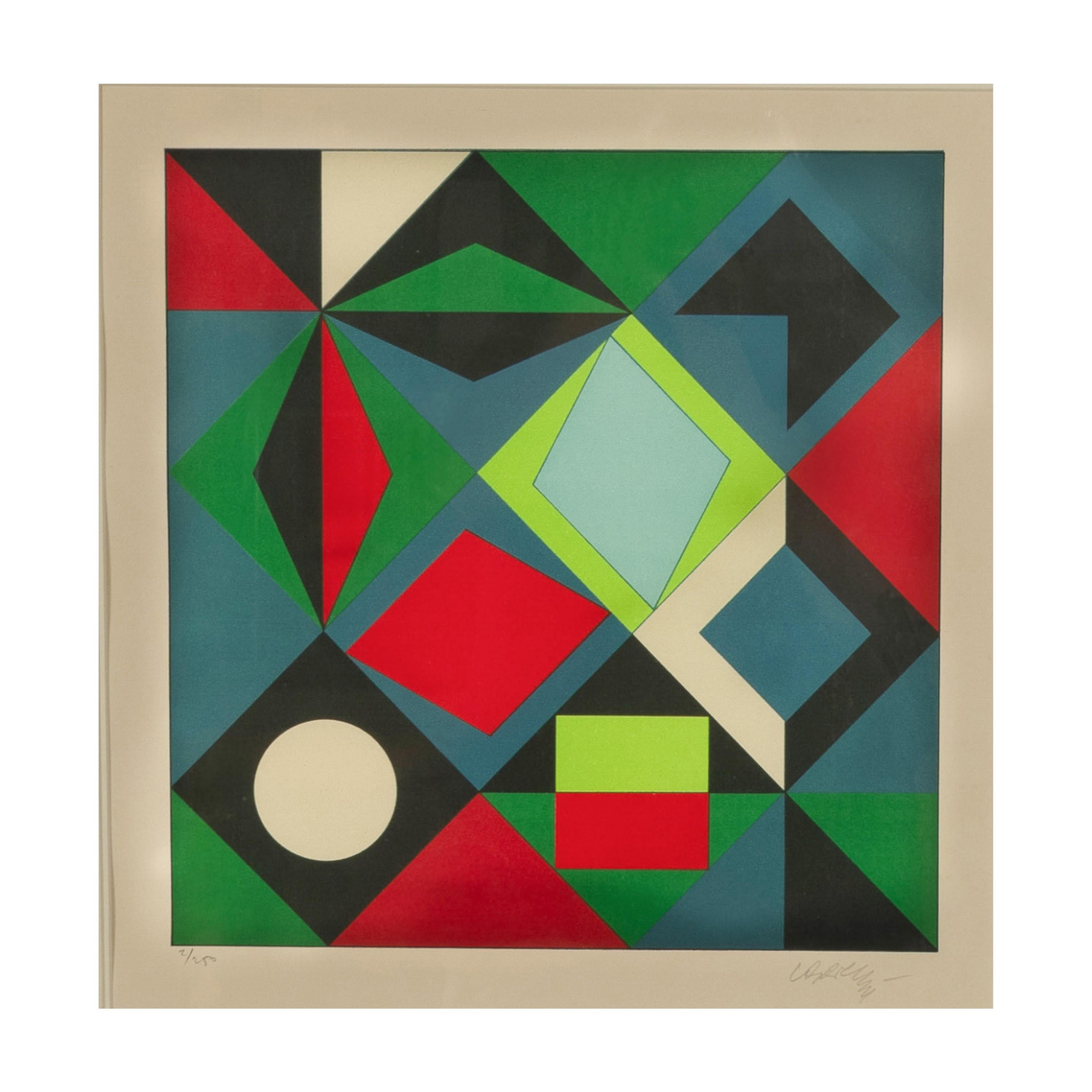 Original abstrakter Op-Art-Raumteilerdruck in abstrakter Farbe „Planetary Folklore“, signiert #2/250 – Print von Victor Vasarely