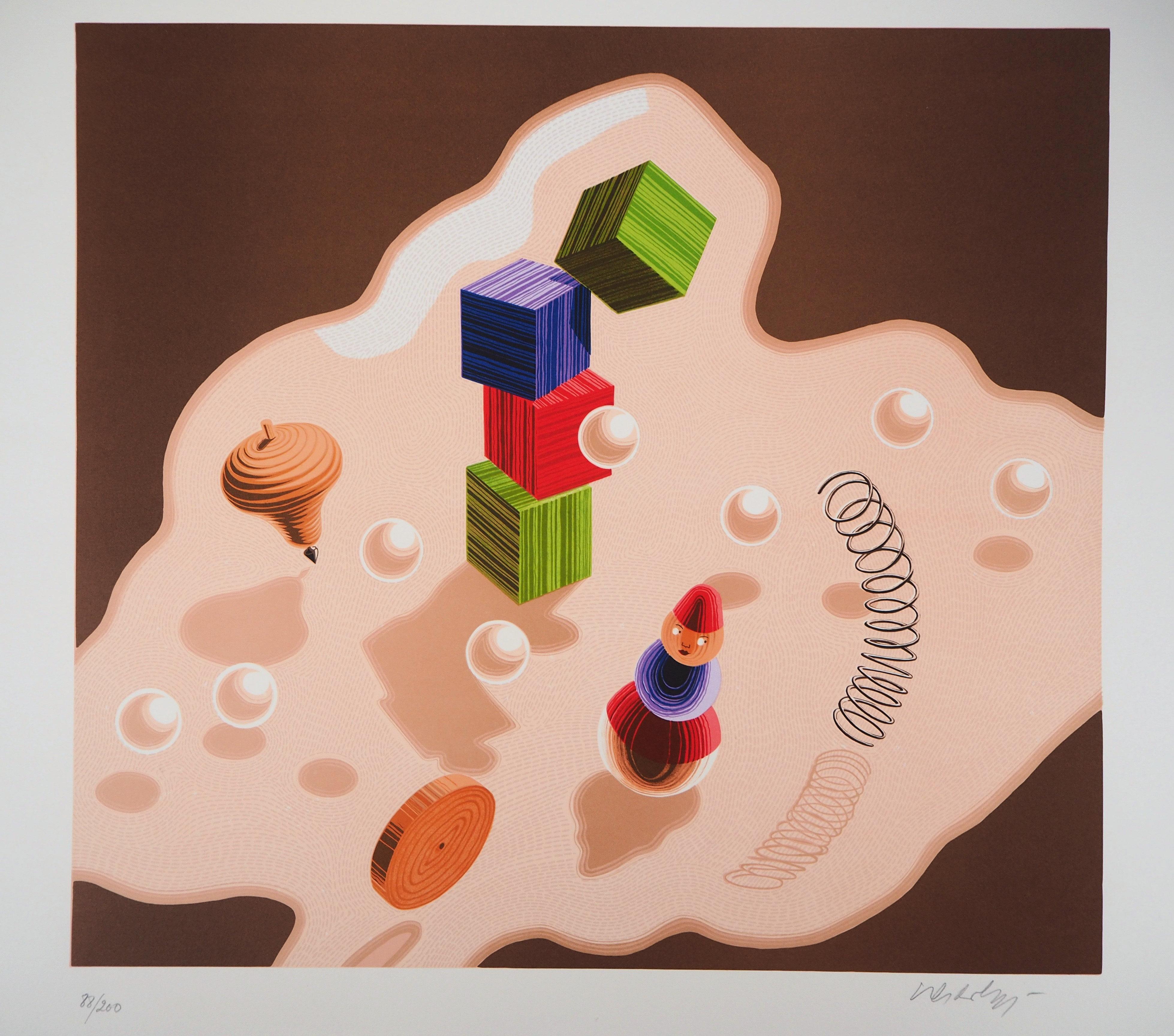 Abstract Print Victor Vasarely - Origines : Composition cinématographique avec jouets - Lithographie originale, signée à la main