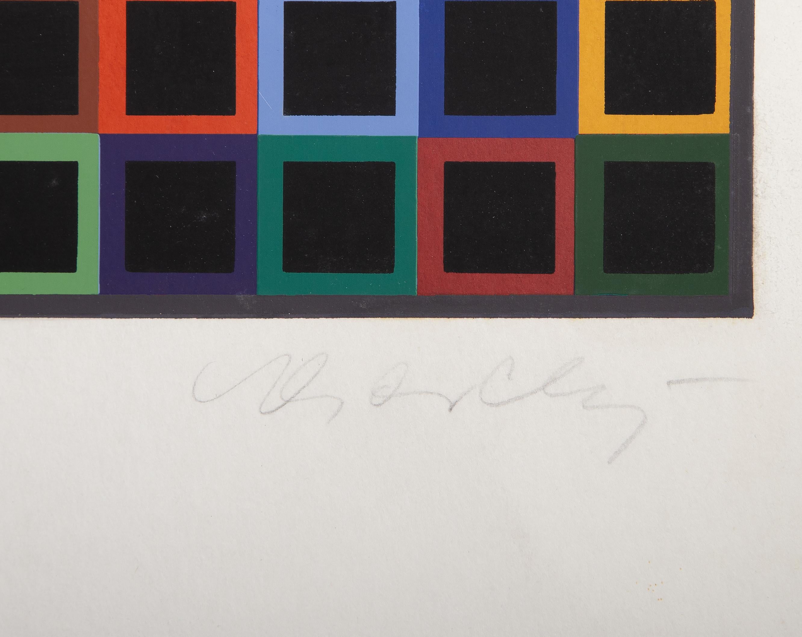 This optical screenprint was created by Hungarian artist Victor Vasarely. Vasarely is by far one of the world's most influential Optical artists, pushing the boundaries of art and playing with the visual field in groundbreaking ways. This print is