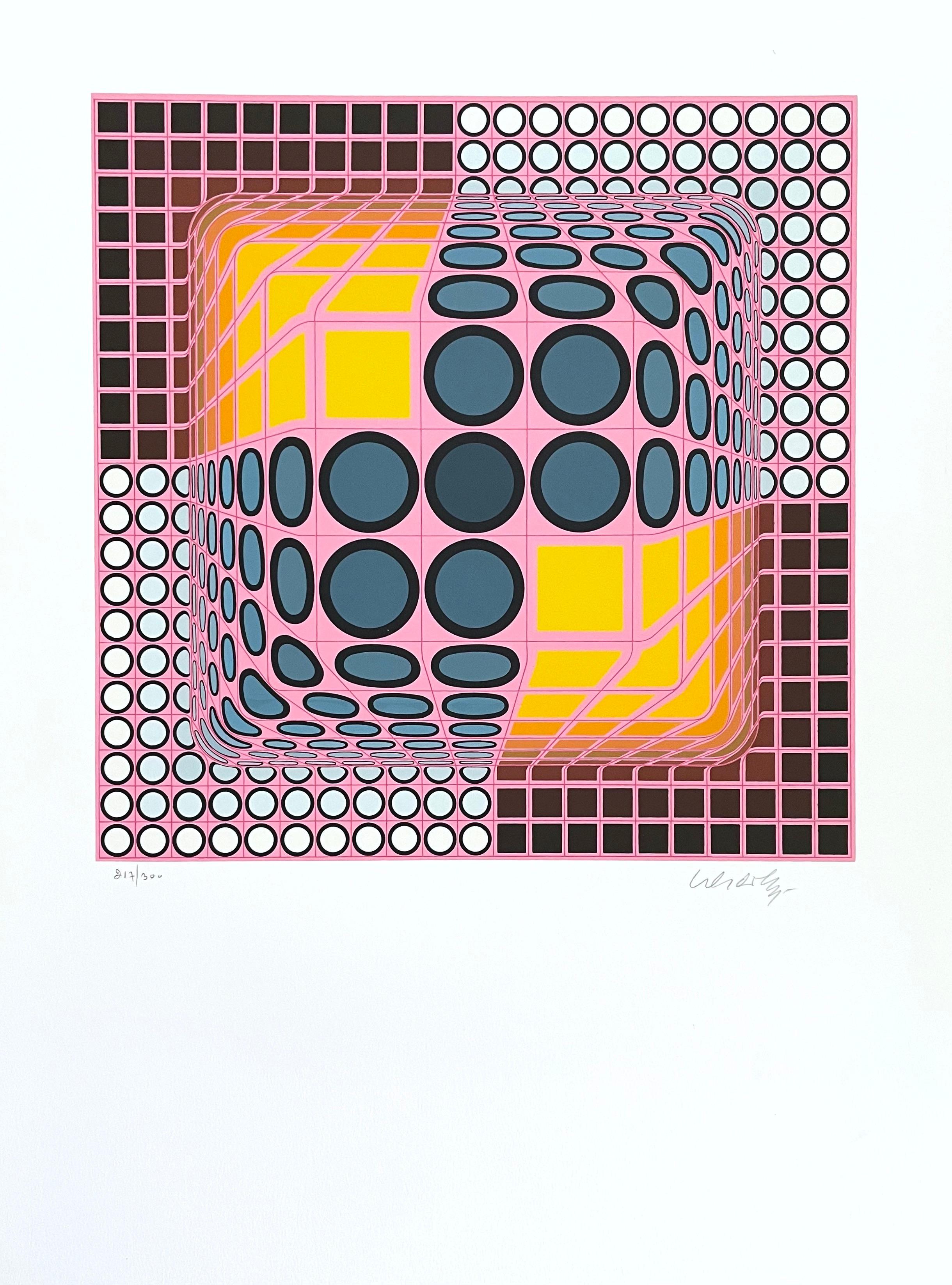Artist: Victor Vasarely (1908-1997)
Title: Pink Composition
Year: Circa 1982
Medium: Silkscreen on Arches paper
Edition: 217/300, plus proofs
Size: 27.5 x 20.25 inches
Condition: Good
Inscription: Signed and numbered by the artist.
Notes:  Published
