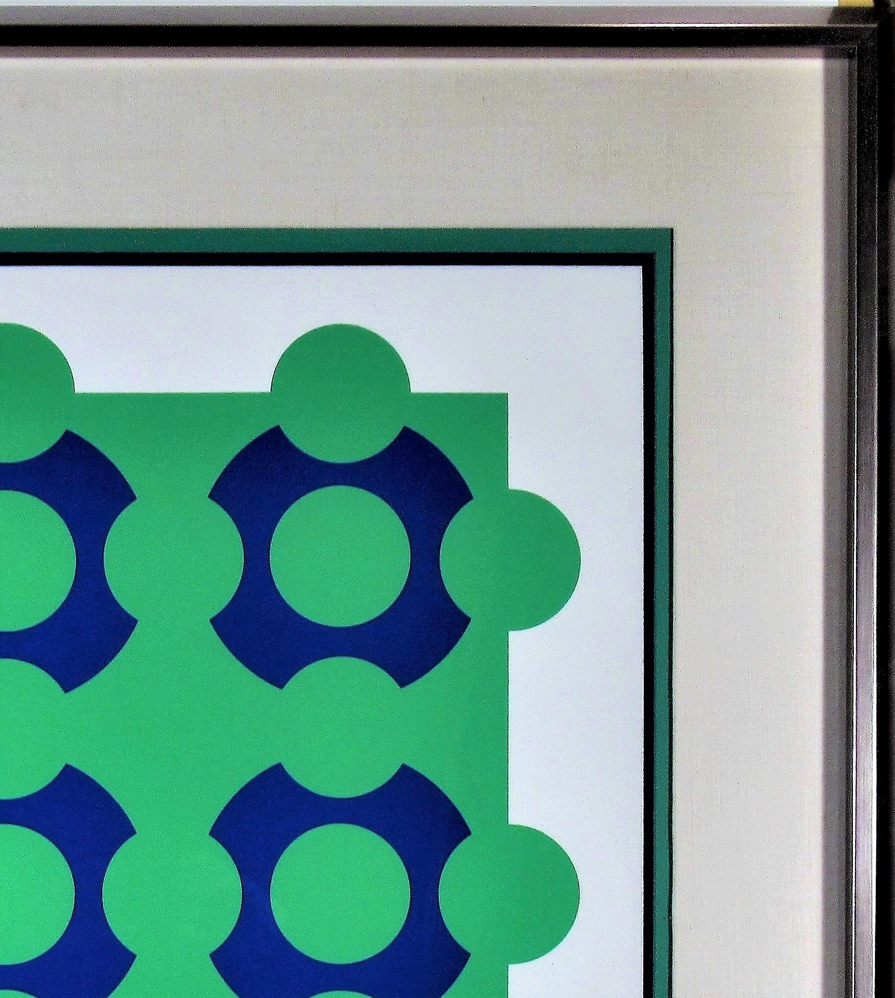 Artist:	Victor Vasarely, Hungarian, 1906-1997
Title:	Procion
Year:	1968
Medium:	Color serigraph
Edition:	Numbered 140/300 in pencil 
Paper:	Wove
Image size: 22.25 x 22.25 inches
Framed size:  36 x 35 inches
Signature:  Hand signed in pencil by the