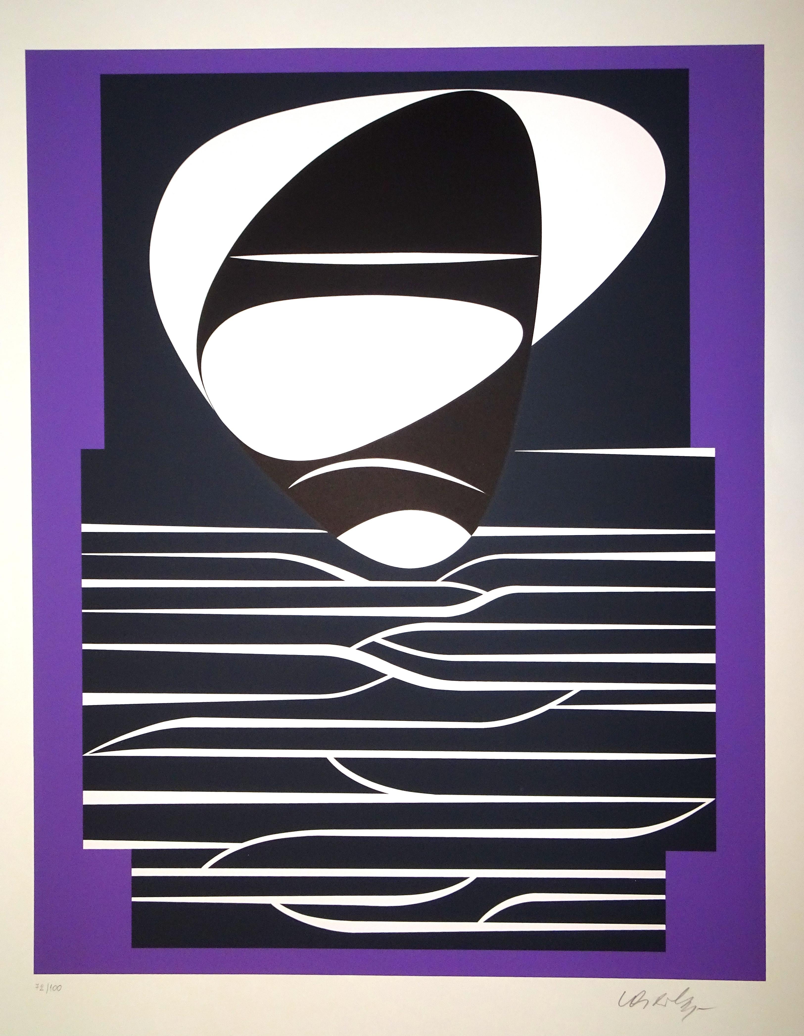 Purple Composition is a beautiful serigraph with a purple, black, and white abstract composition realized by Victor Vasarely.
The plate is from the portfolio Les Années Cinquante edited by Pesti Mühely, Budapest, in 1989. Hand-signed by the artist