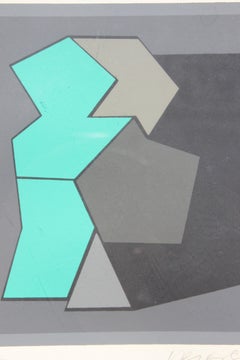 "Quamie" Teal and Grey Geometric Abstract Hard-Edge Op Art Lithograph