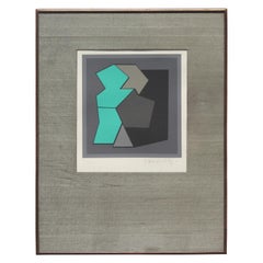 Used "Quamie" Teal Geometric Abstract Lithograph