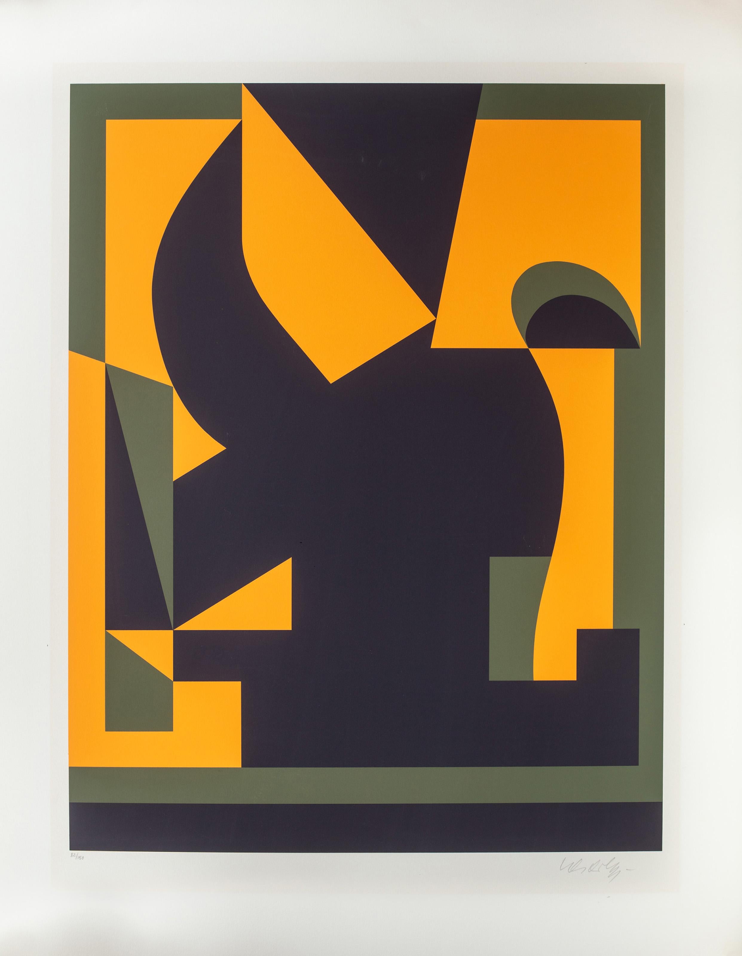 Bien que normalement reconnue pour ses compositions Op Art, cette lithographie de Victor Vasarely se prête davantage à l'abstraction géométrique. Vasarely utilise seulement trois couleurs pour créer une spirale audacieuse et indéchiffrable de