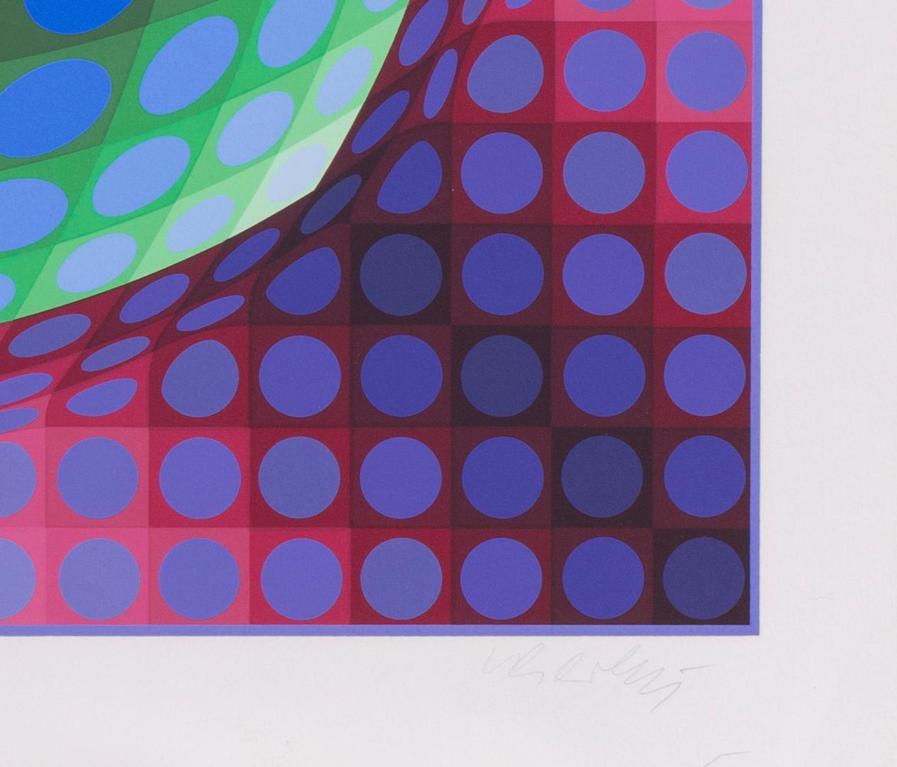 Victor Vasarely (Hungarian / French 1906 – 1997)
Syry, 1978
Numbered ‘54/250’ and signed ‘Vasarely’ (lower right)
Screen print
29.1/2 x 29.1/2 in. (75 x 75 cm.) Including margin

One central circular form with green and blue juxtaposed against the