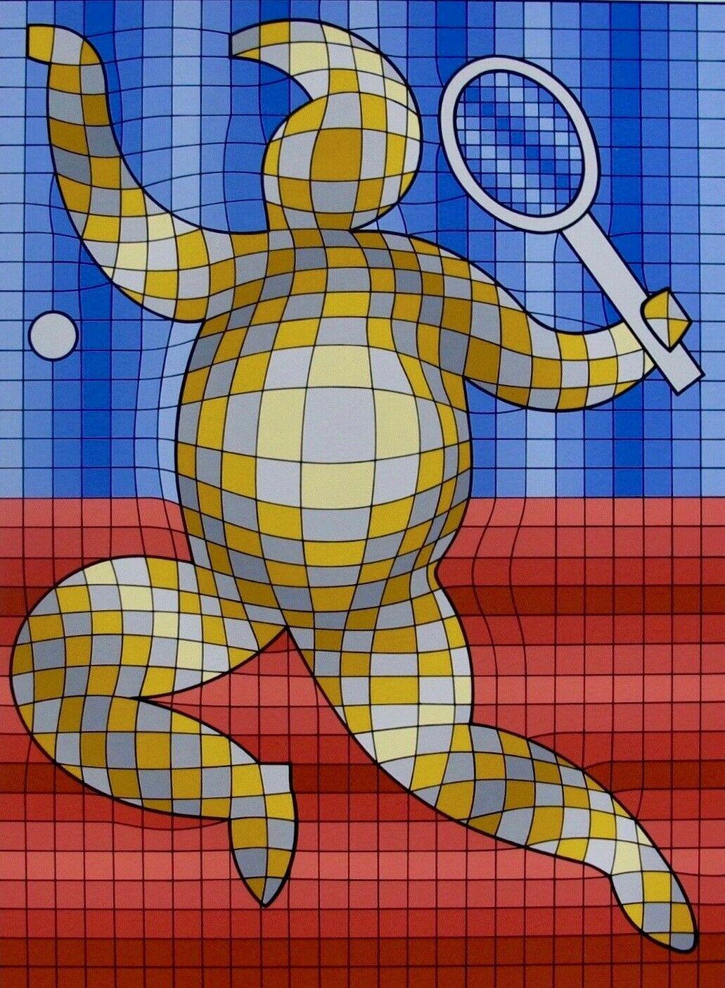 Artist: Victor Vasarely (1908-1997)
Title: Tennis Player
Year: 1978
Medium: Silkscreen on Arches paper
Edition: 300, plus proofs
Size: 18 x 14.5 inches
Condition: Excellent
Inscription: Signed and numbered by the artist.
Notes:  Published by Atelier